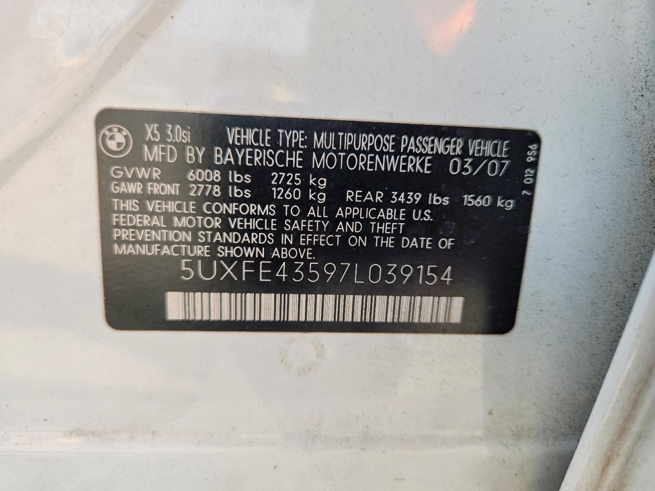 2007 Bmw X5 3.0i White vin: 5UXFE43597L039154