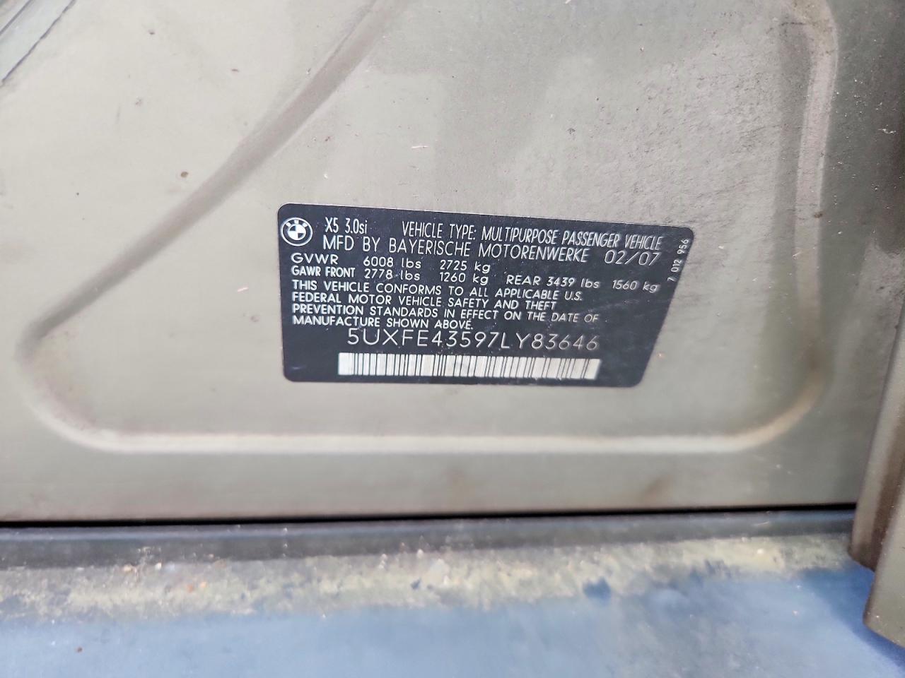 2007 Bmw X5 3.0i Золотой vin: 5UXFE43597LY83646