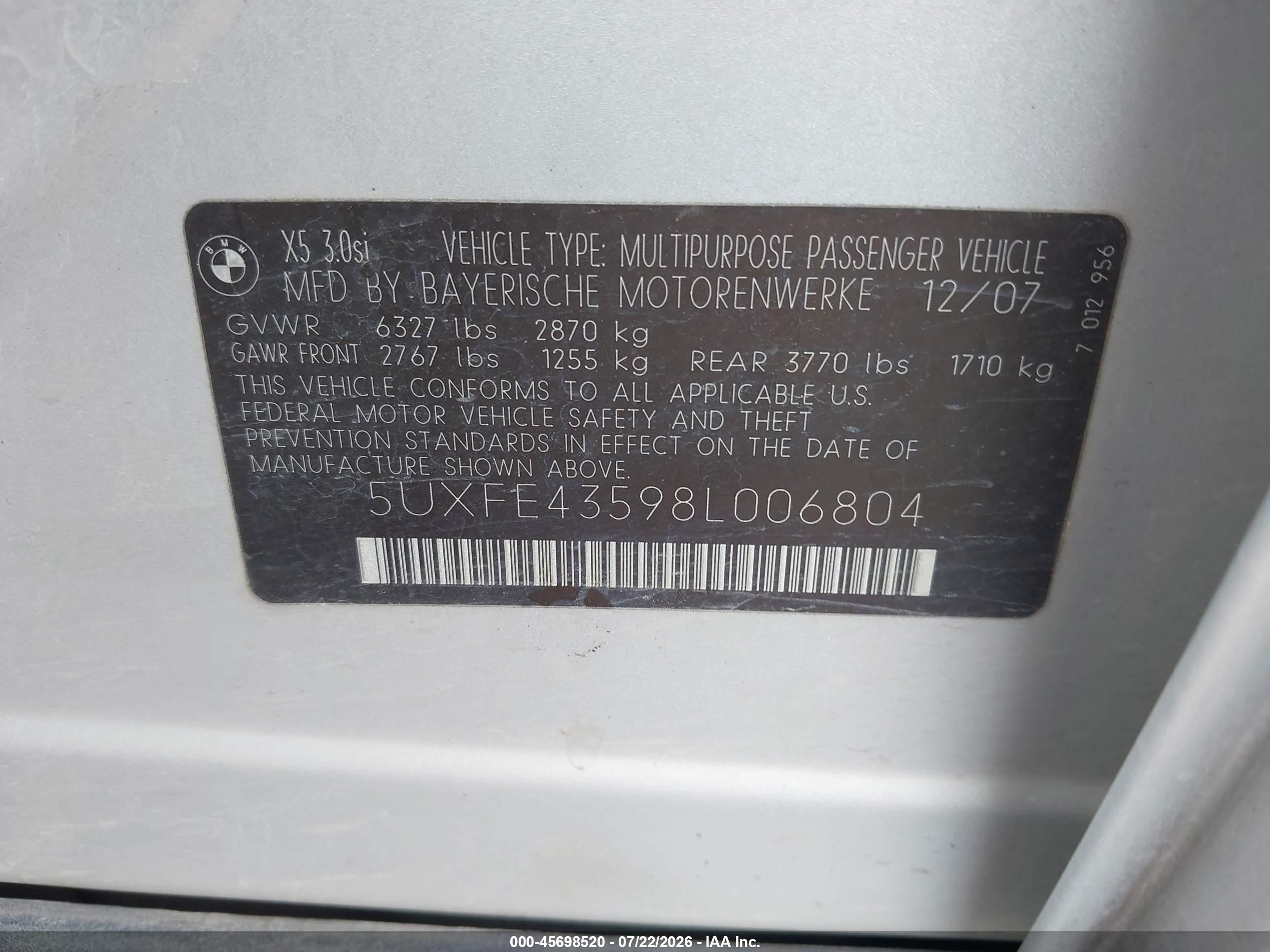 2008 Bmw X5 3.0si Серебряный vin: 5UXFE43598L006804