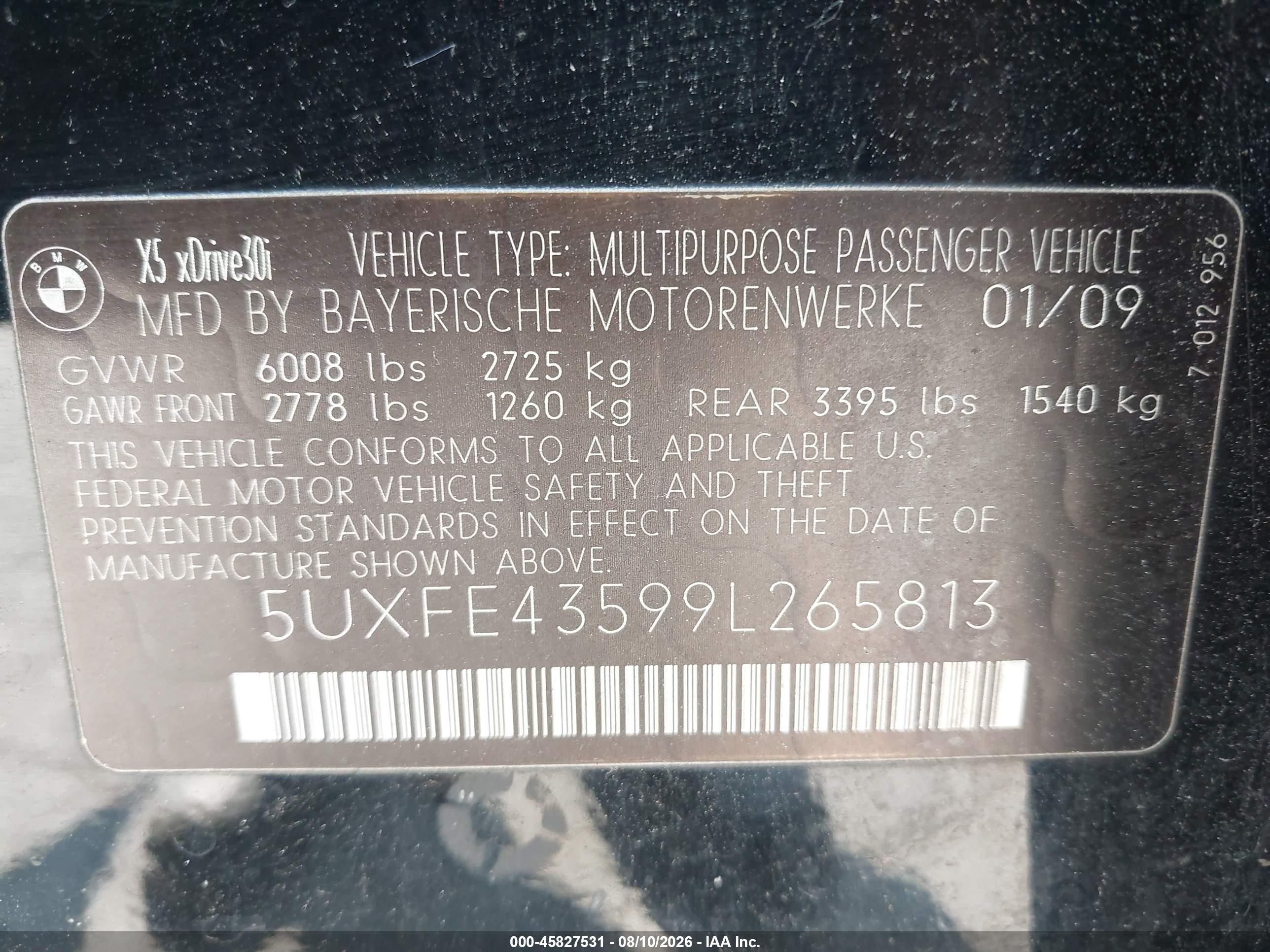 2009 Bmw X5 Xdrive30i Black vin: 5UXFE43599L265813