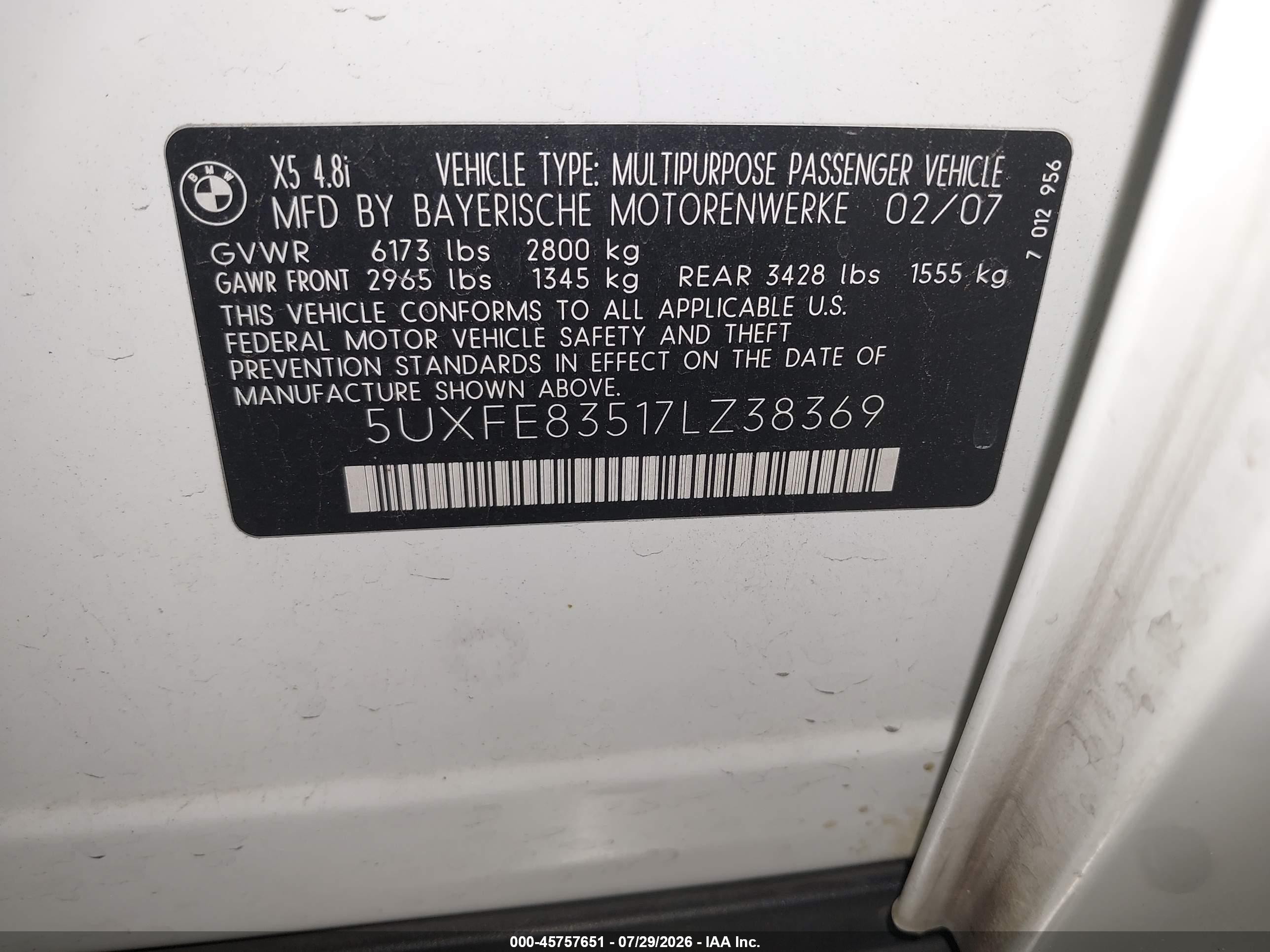 2007 Bmw X5 4.8i Белый vin: 5UXFE83517LZ38369