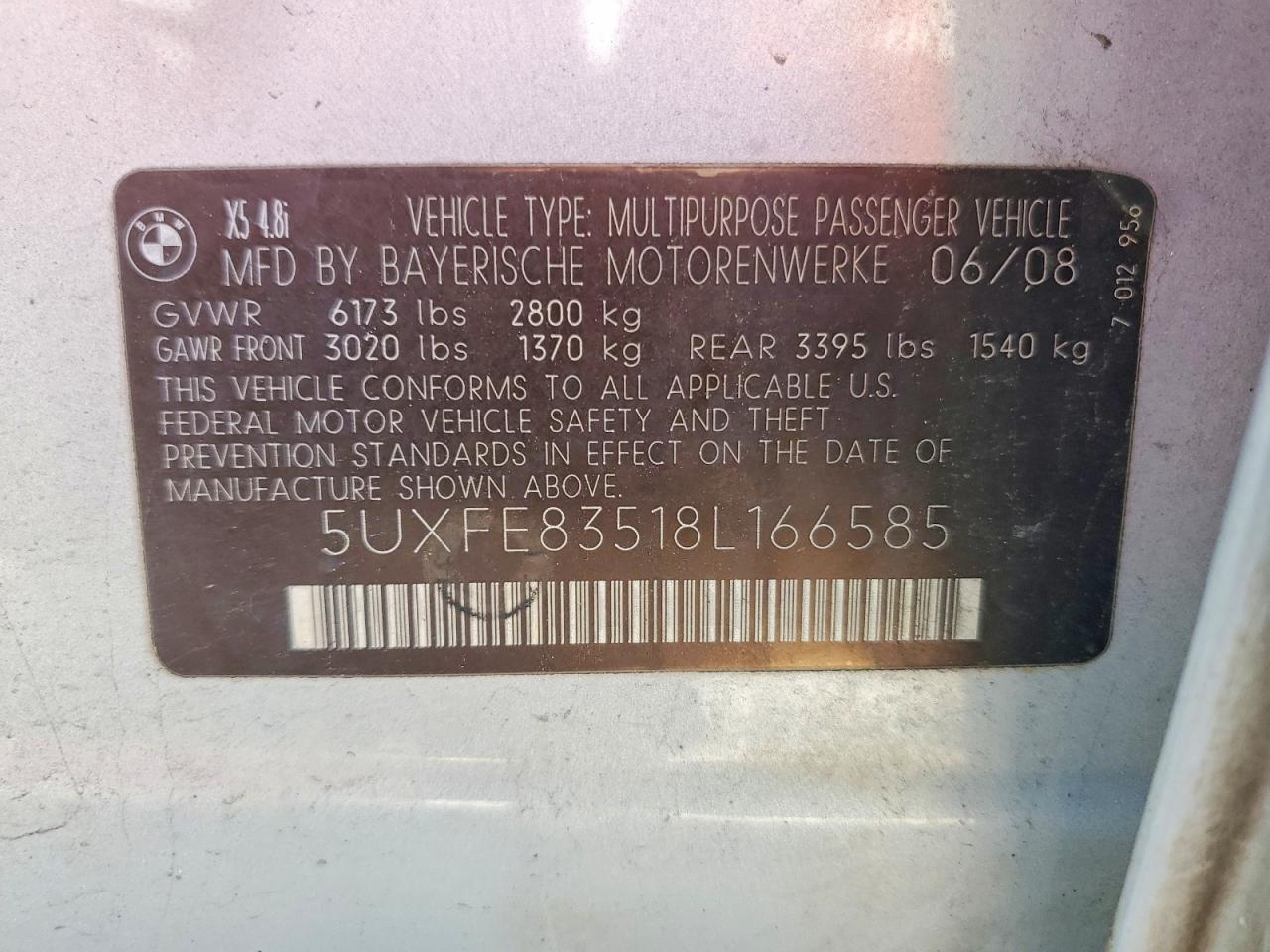 2008 Bmw X5 4.8i Silver vin: 5UXFE83518L166585