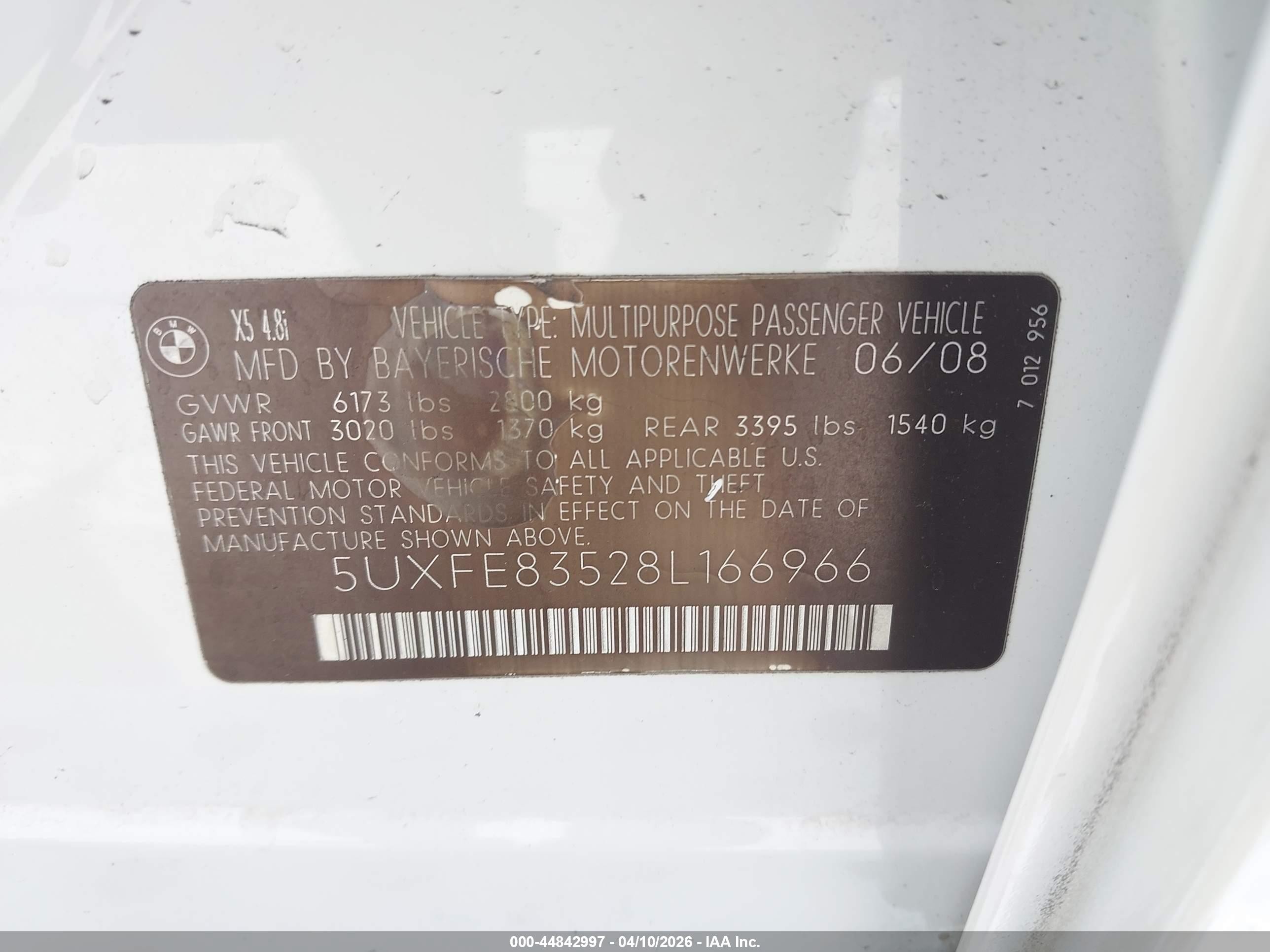 2008 Bmw X5 4.8i White vin: 5UXFE83528L166966
