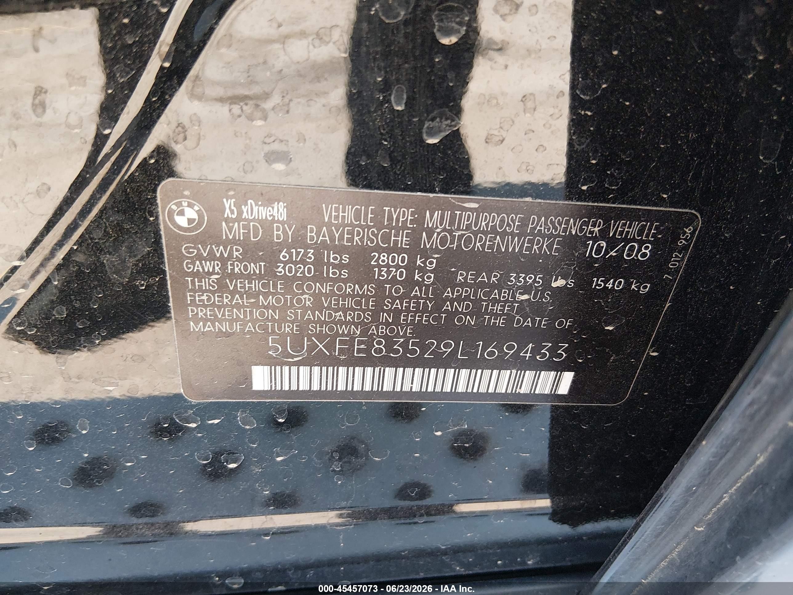 2009 Bmw X5 Xdrive48i Black vin: 5UXFE83529L169433