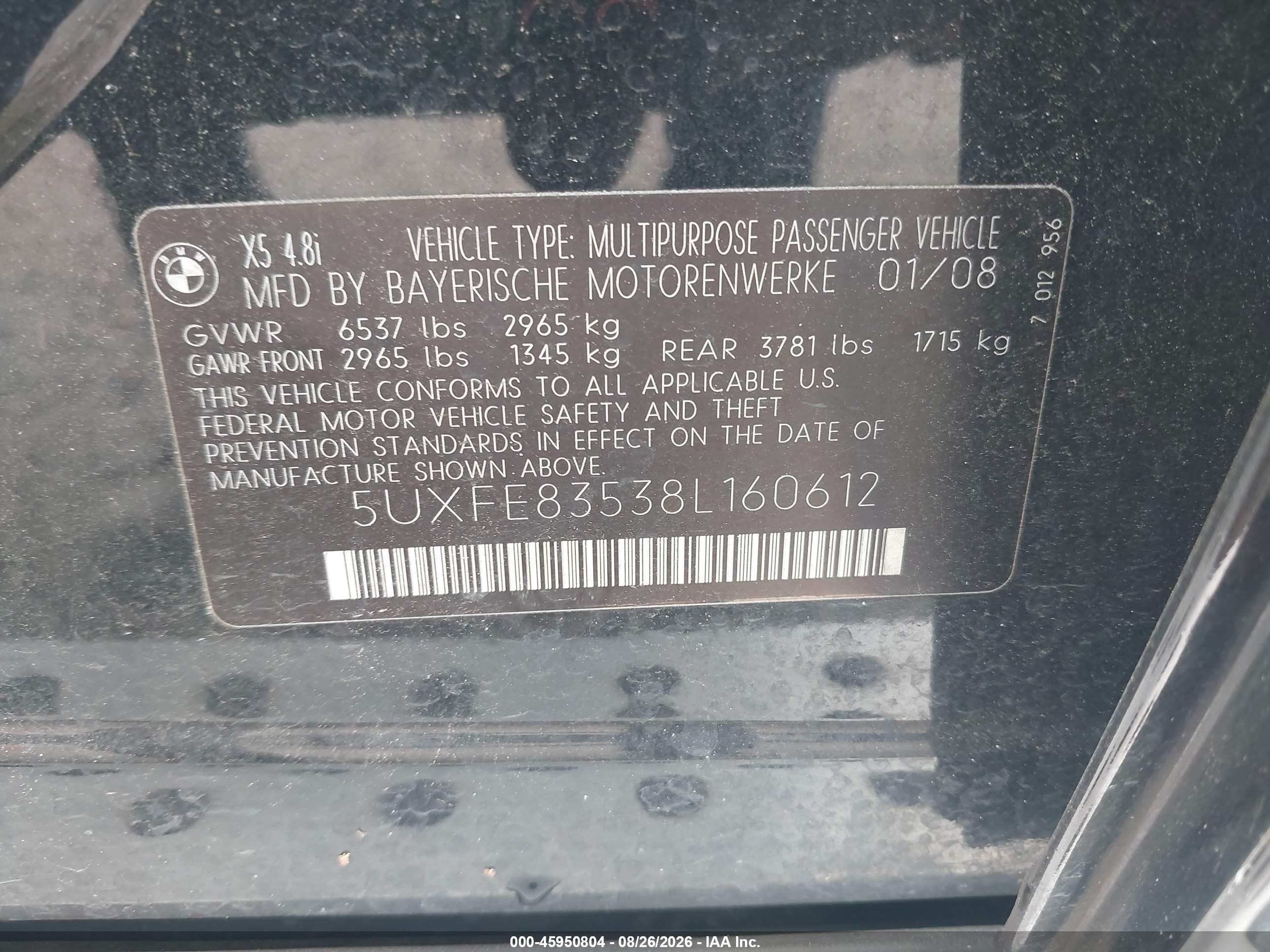 2008 Bmw X5 4.8i Black vin: 5UXFE83538L160612
