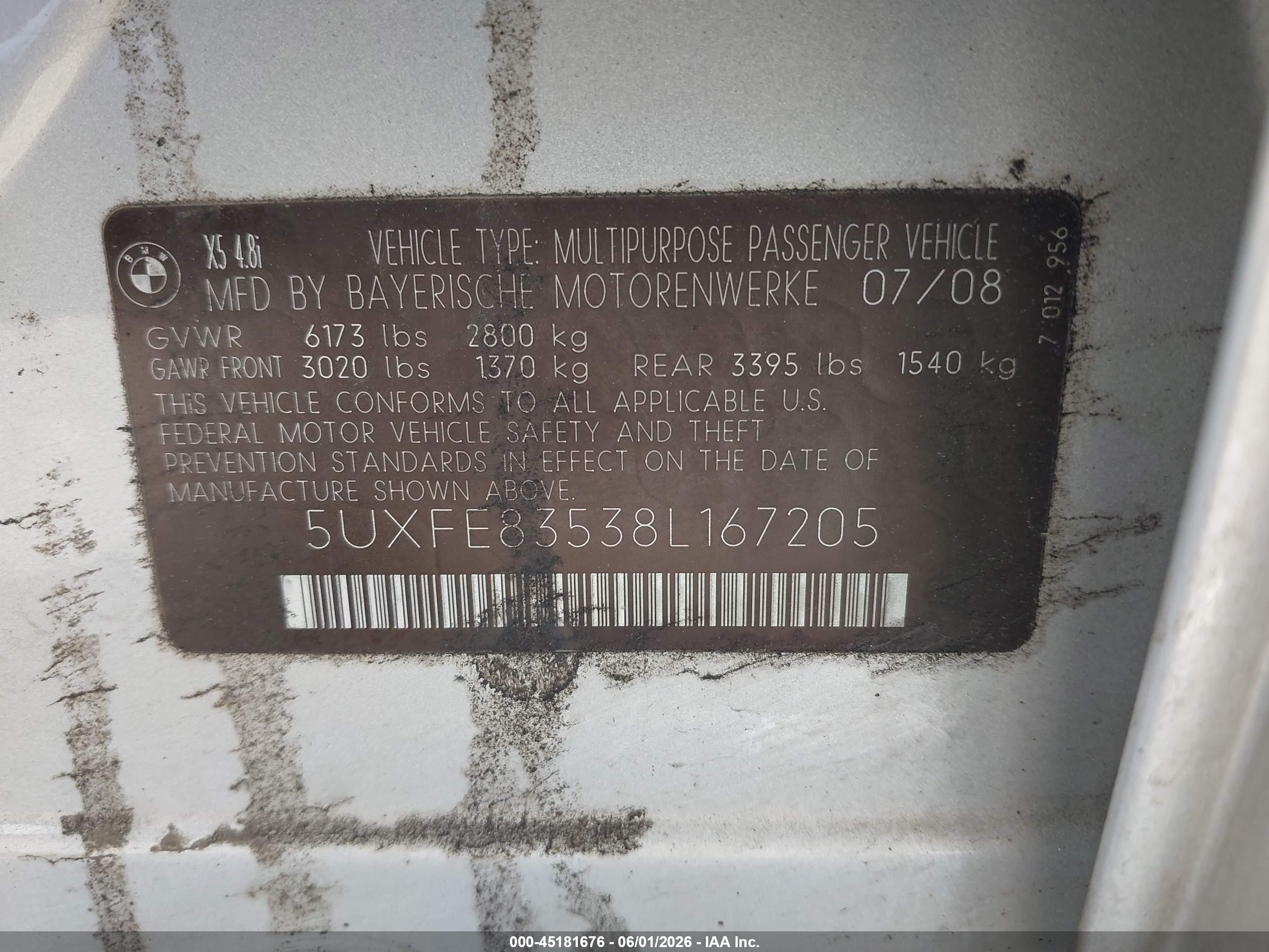 2008 Bmw X5 4.8i Silver vin: 5UXFE83538L167205