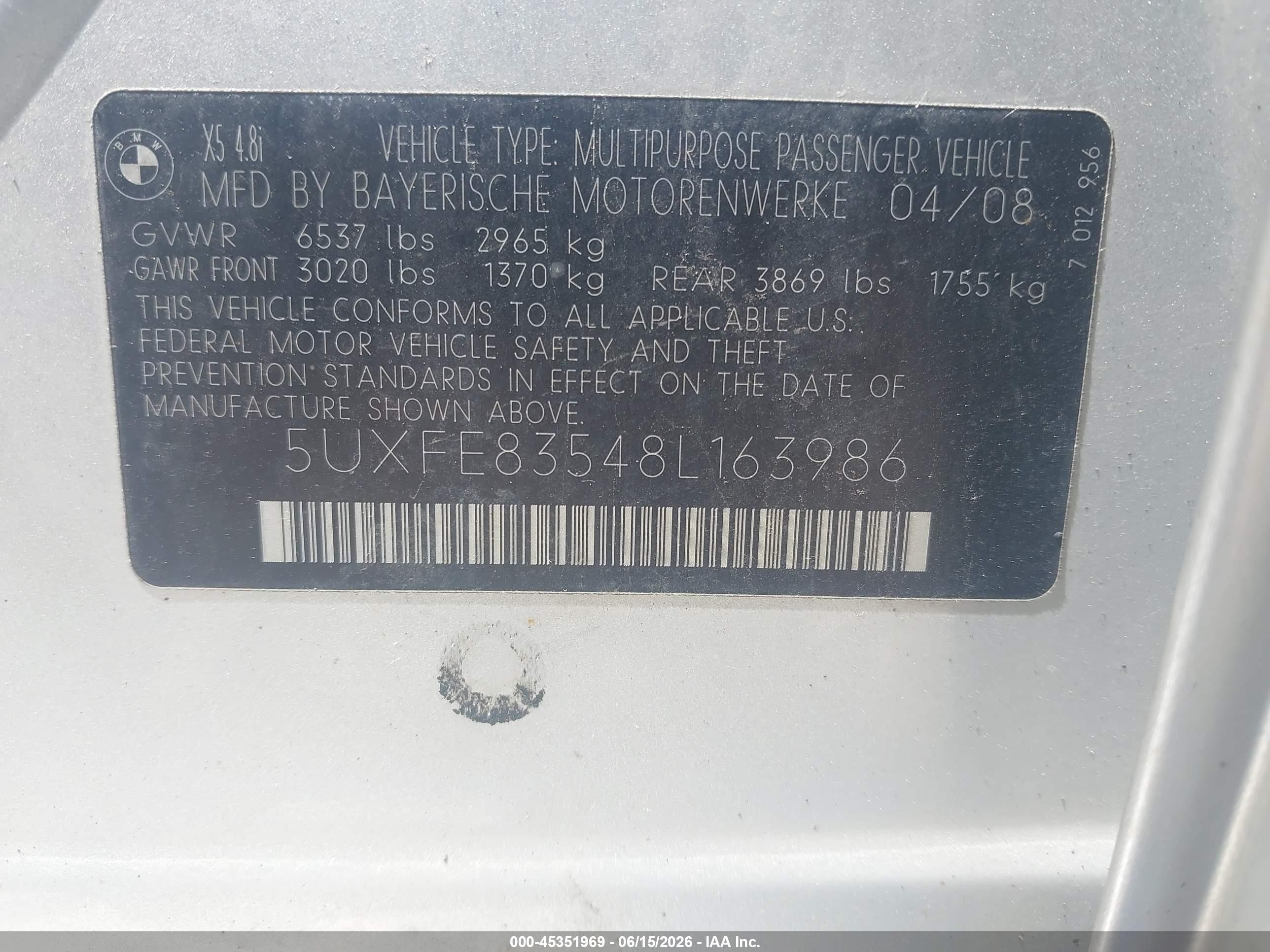 2008 Bmw X5 4.8i Silver vin: 5UXFE83548L163986