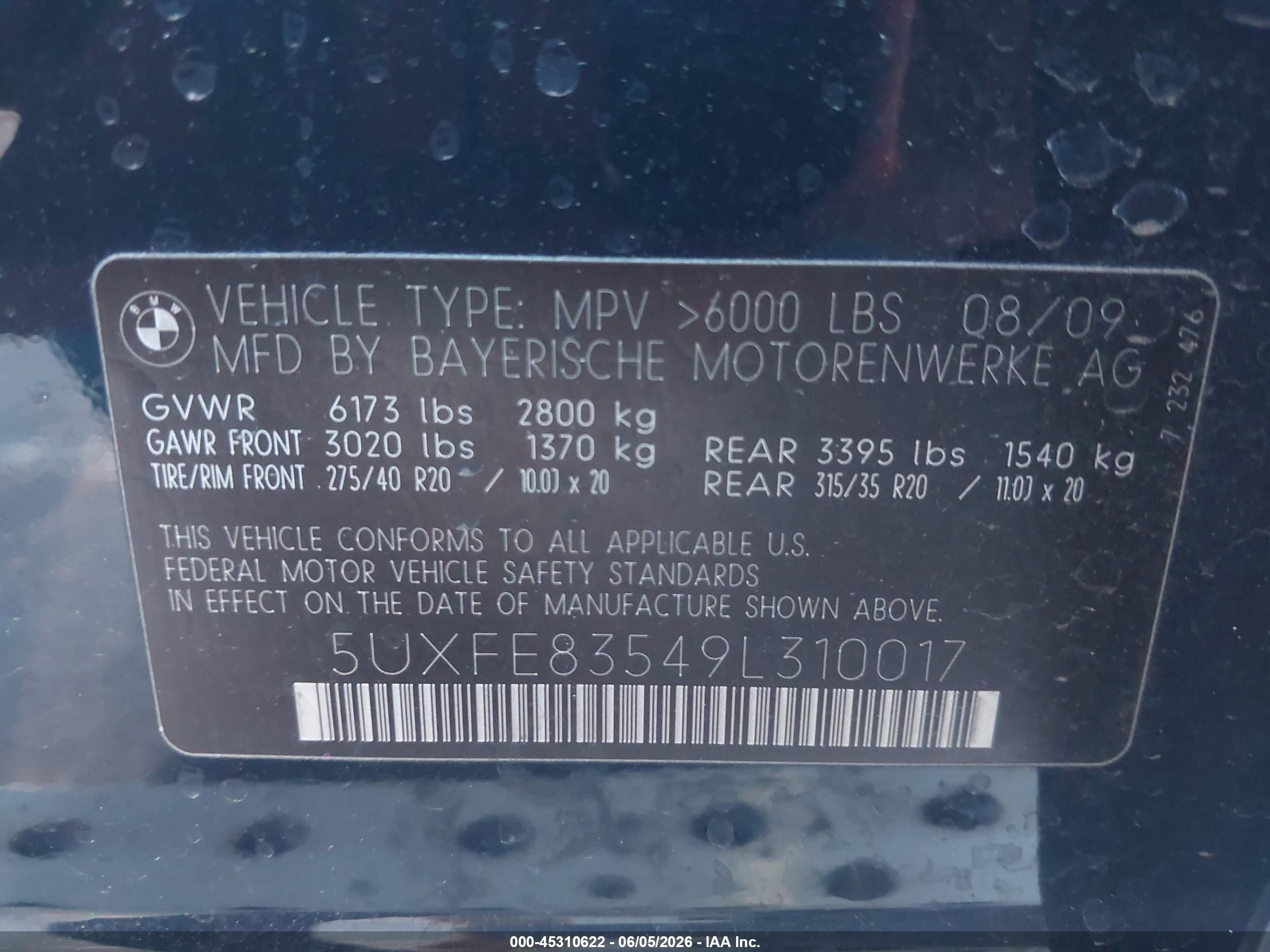 2009 Bmw X5 Xdrive48i Blue vin: 5UXFE83549L310017