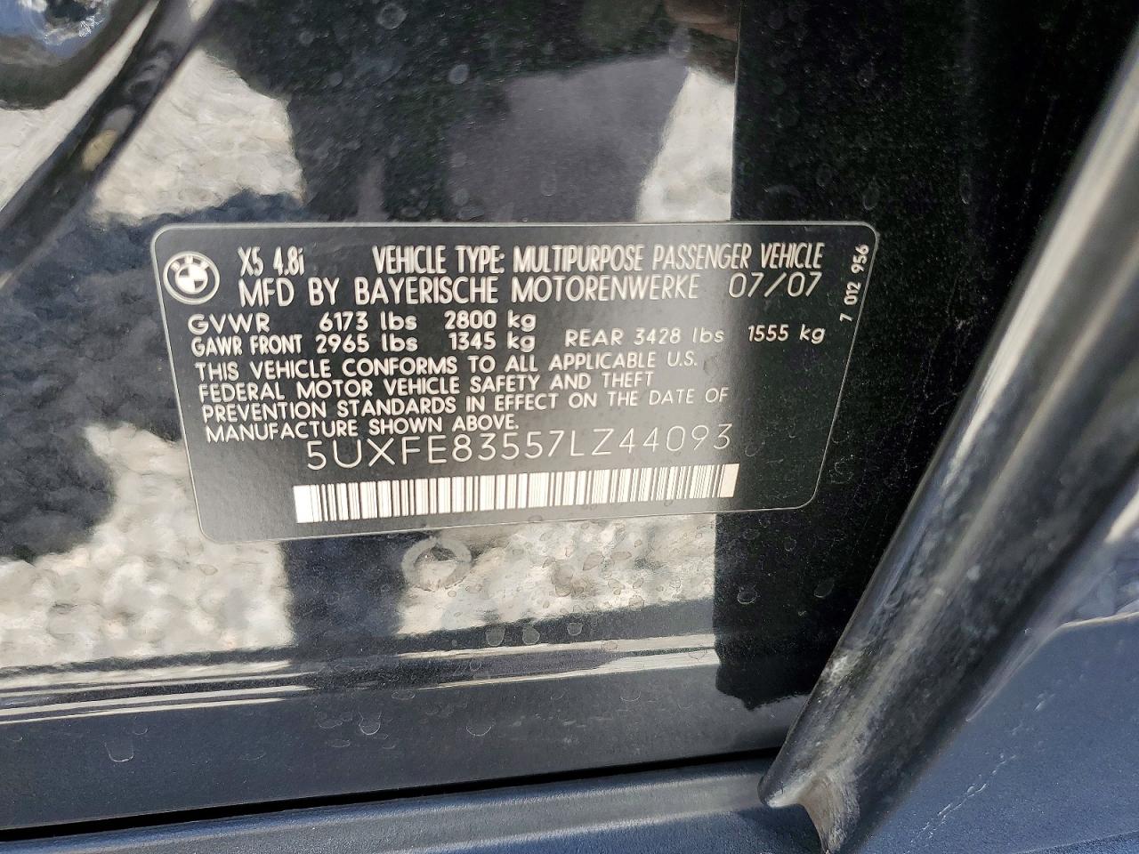 2007 Bmw X5 4.8i Black vin: 5UXFE83557LZ44093