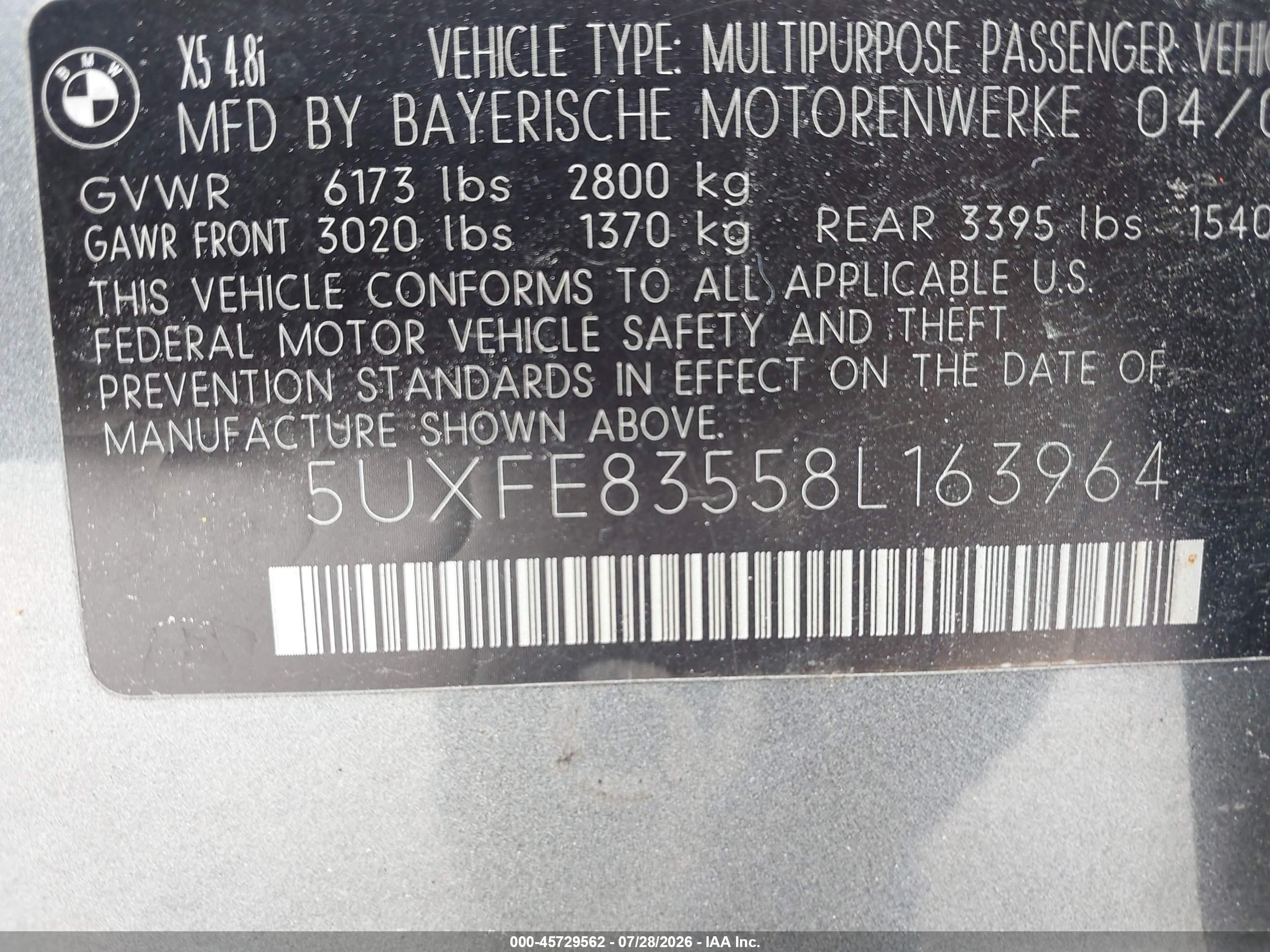 2008 Bmw X5 4.8i Серый vin: 5UXFE83558L163964