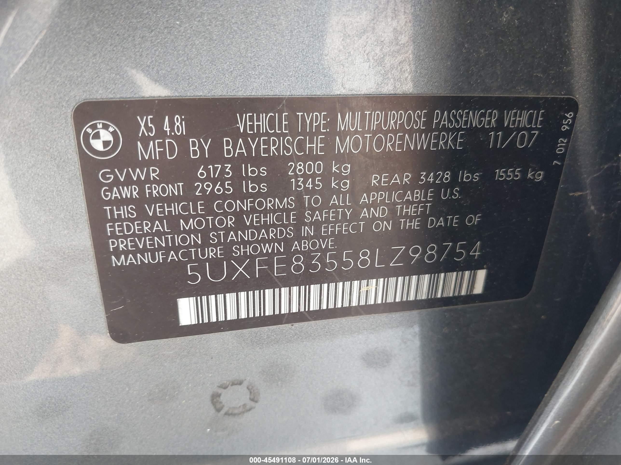 2008 Bmw X5 4.8i Gray vin: 5UXFE83558LZ98754