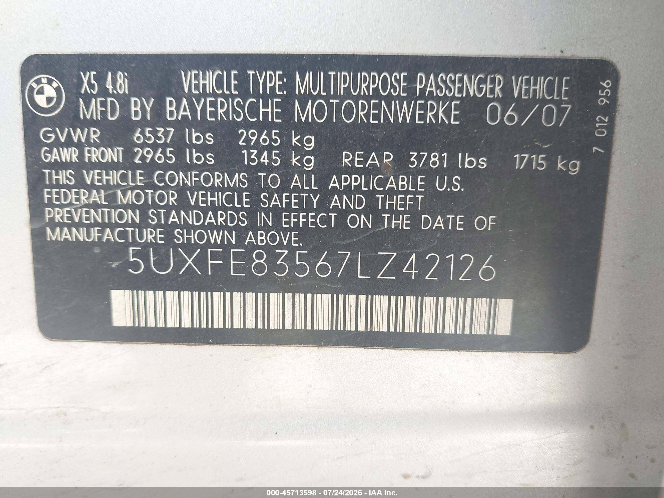 2007 Bmw X5 4.8i Silver vin: 5UXFE83567LZ42126