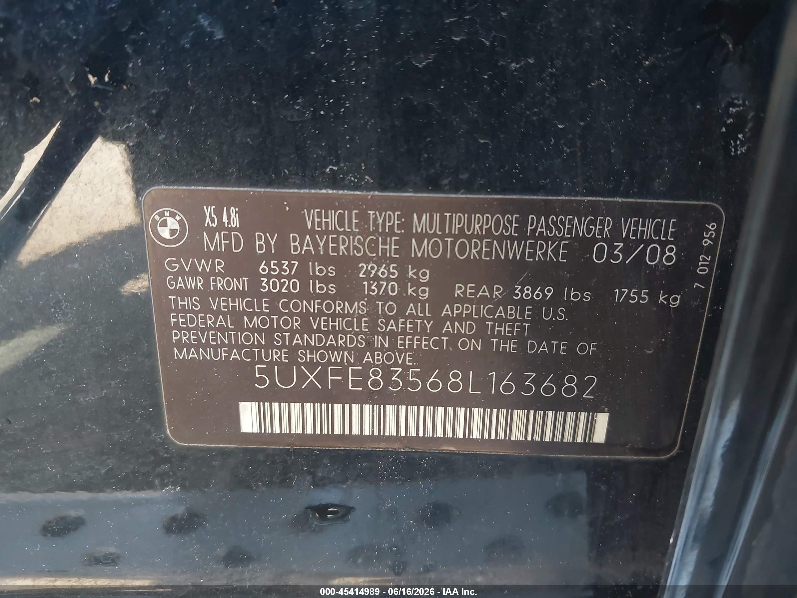 2008 Bmw X5 4.8i Black vin: 5UXFE83568L163682
