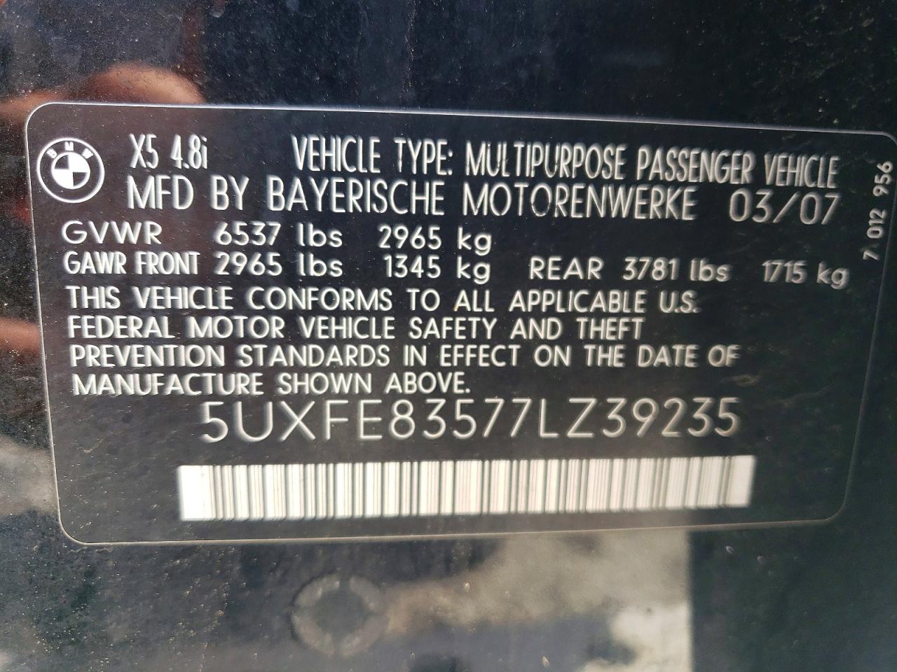 2007 Bmw X5 4.8i Black vin: 5UXFE83577LZ39235