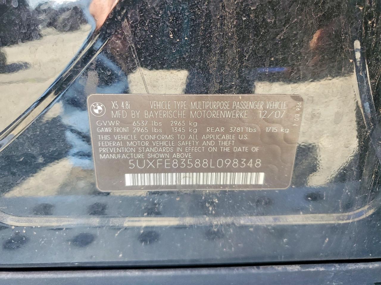 2008 Bmw X5 4.8i Black vin: 5UXFE83588L098348