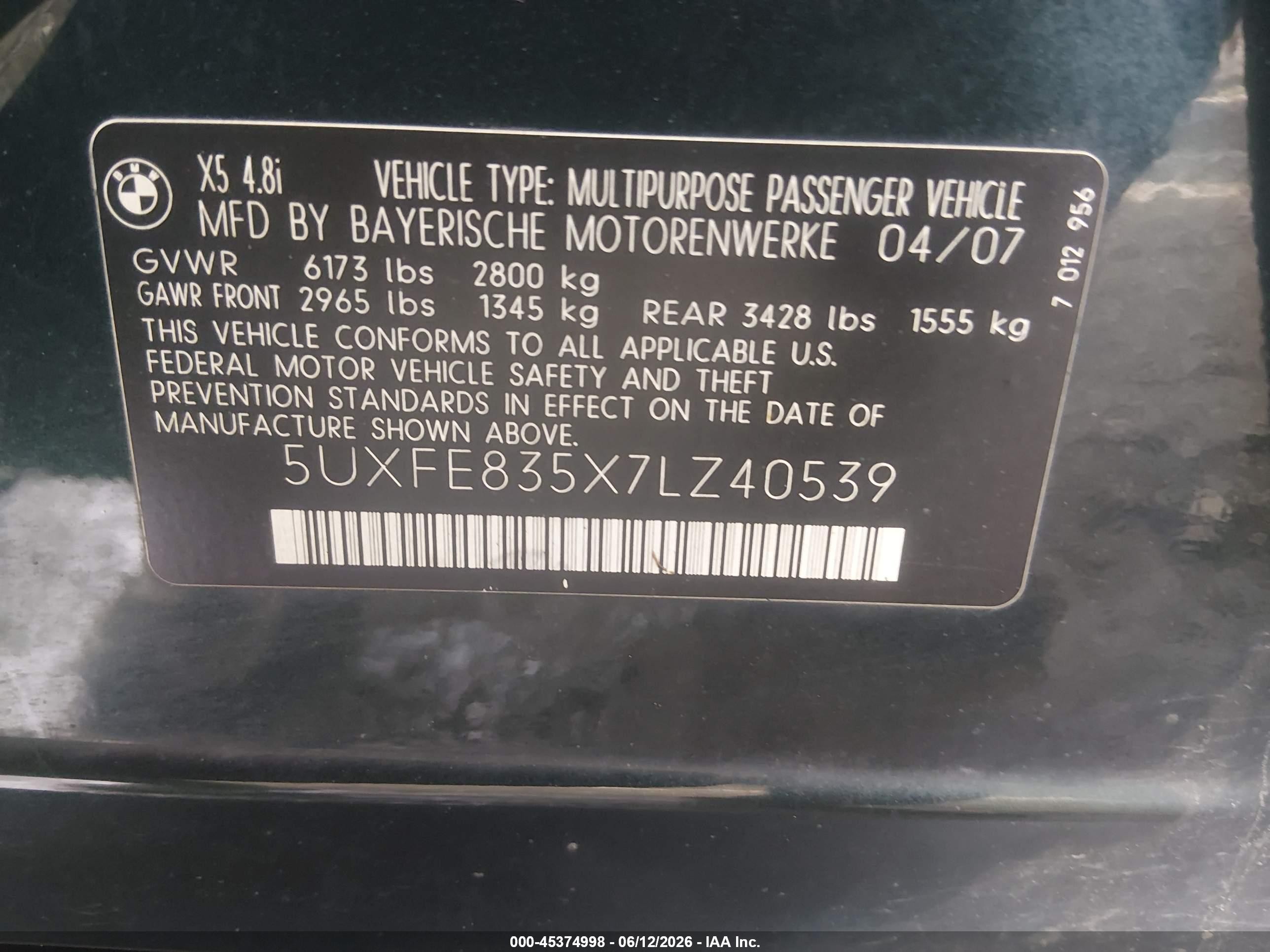 2007 Bmw X5 4.8i Зеленый vin: 5UXFE835X7LZ40539