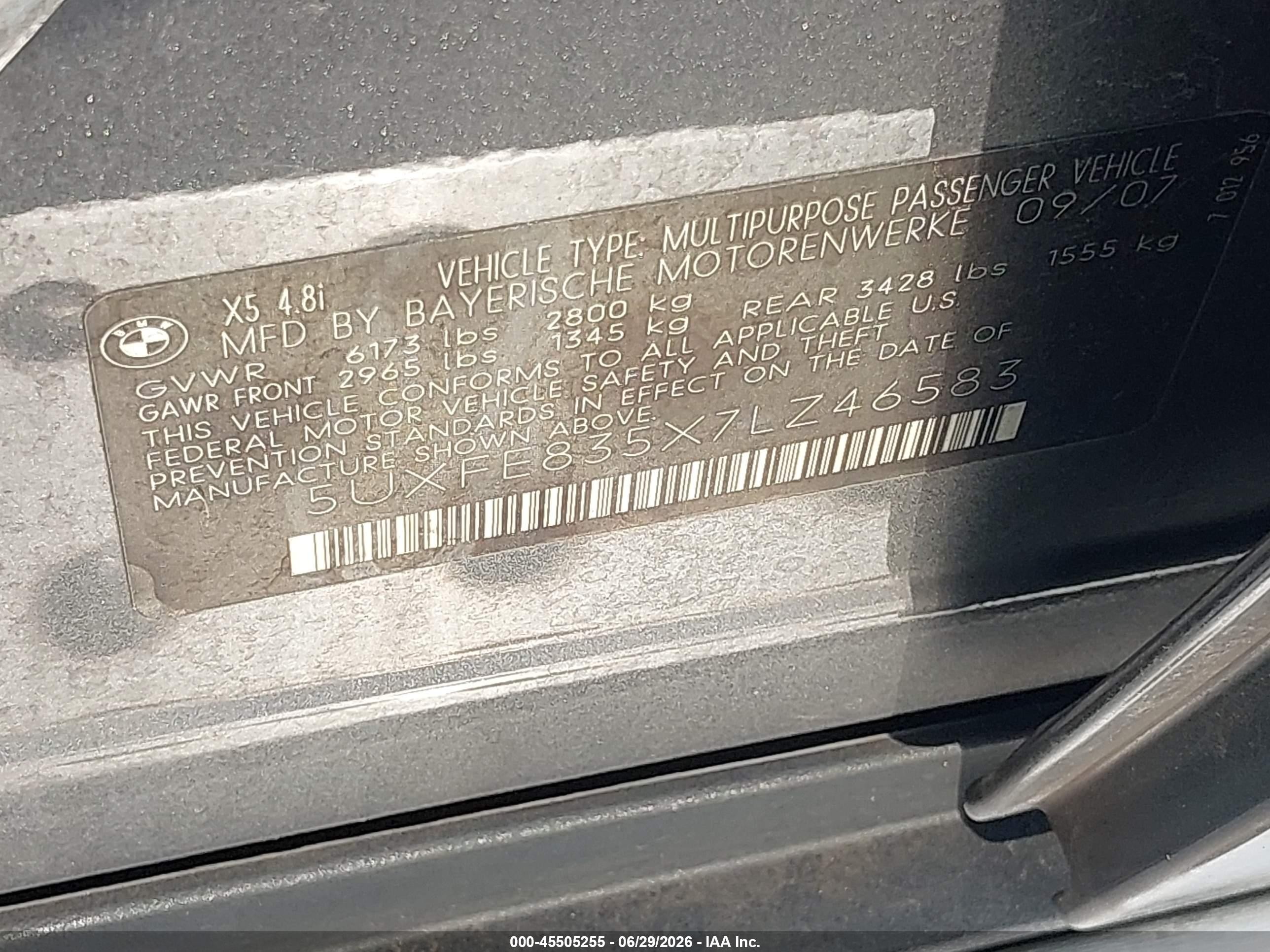 2007 Bmw X5 4.8i Серый vin: 5UXFE835X7LZ46583
