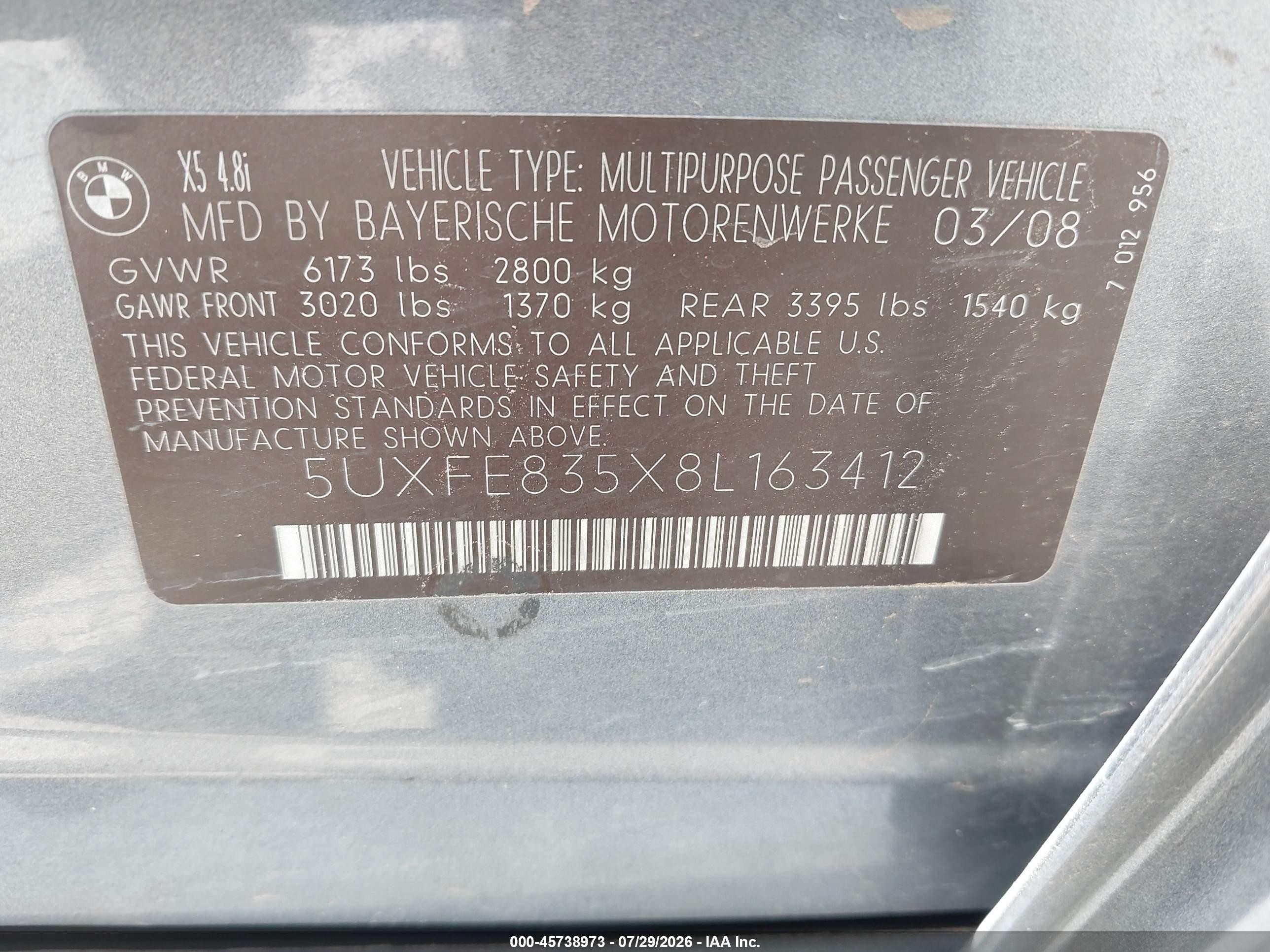 2008 Bmw X5 4.8i Silver vin: 5UXFE835X8L163412