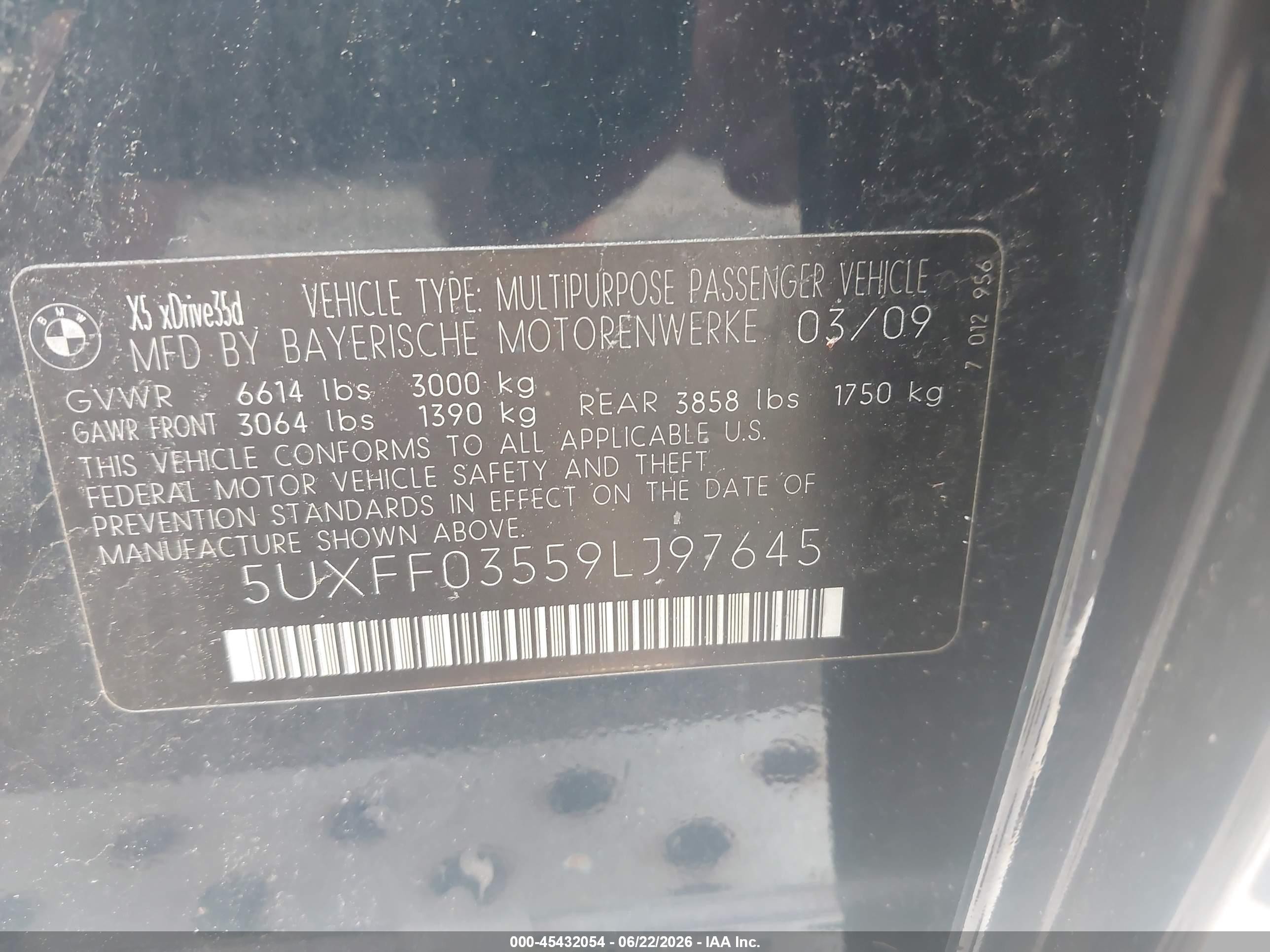 2009 Bmw X5 Xdrive35d Dark Blue vin: 5UXFF03559LJ97645