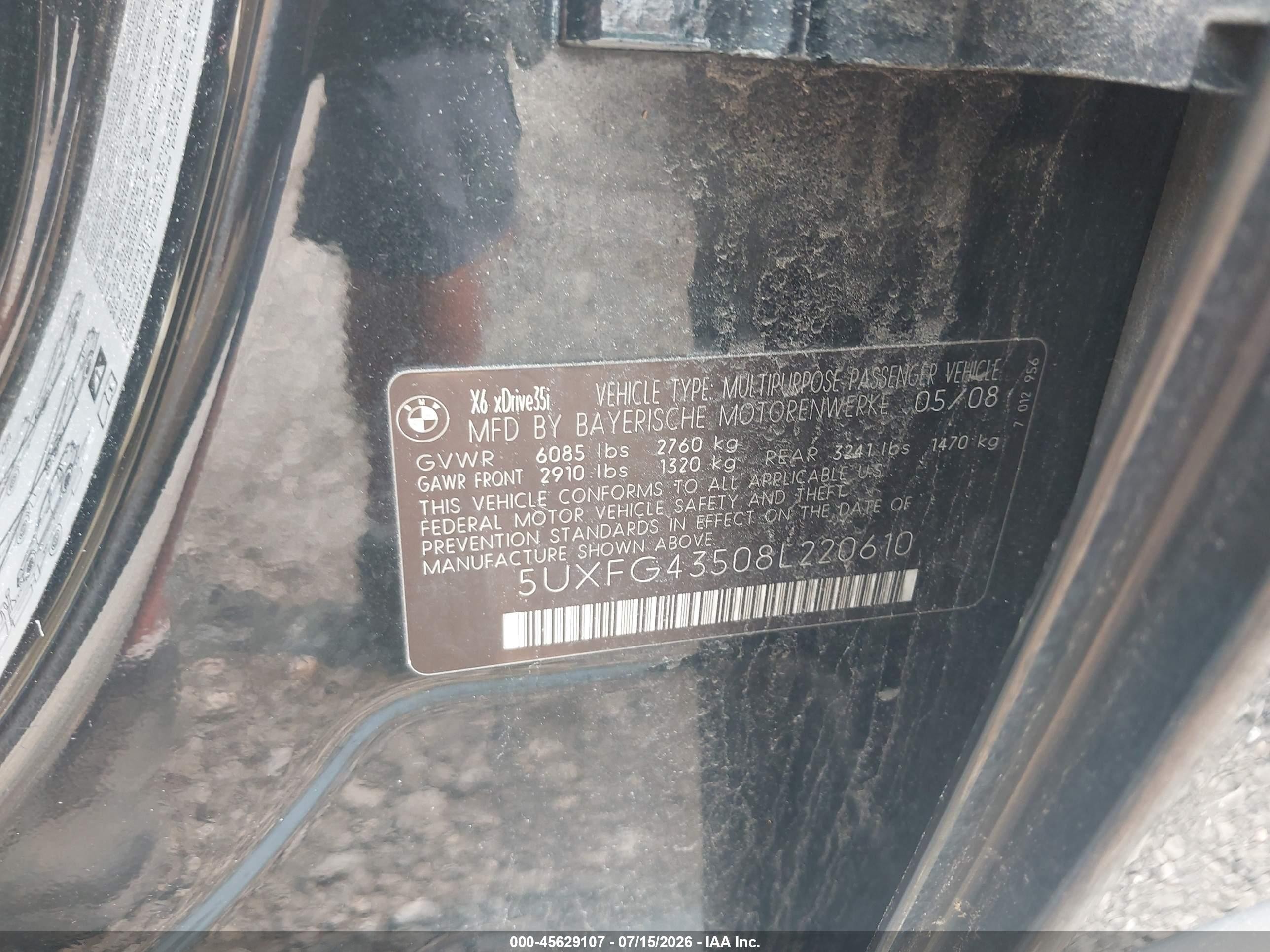 2008 Bmw X6 Xdrive35i Черный vin: 5UXFG43508L220610