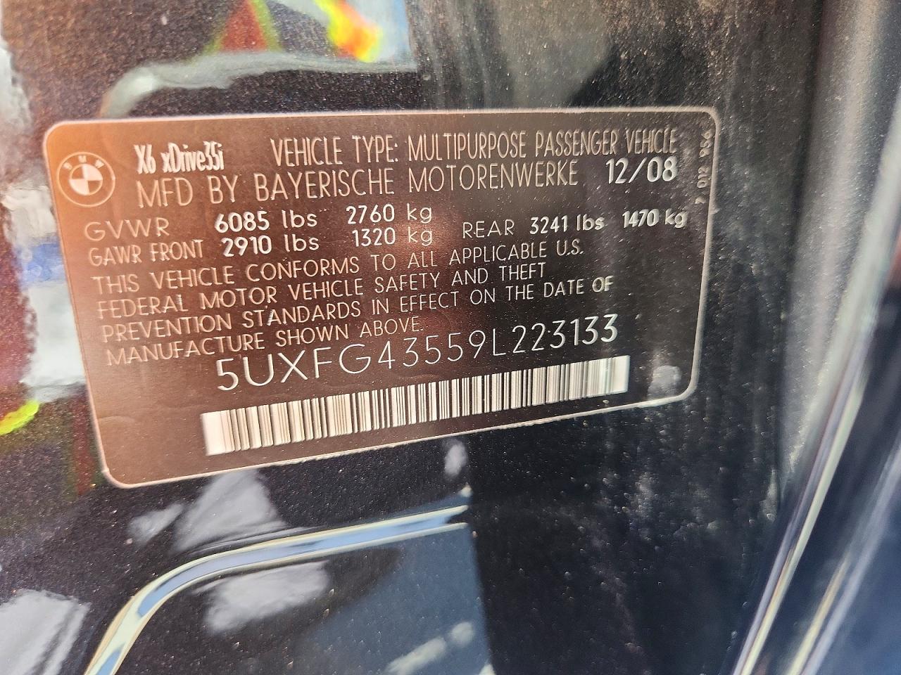2009 Bmw X6 Xdrive35i Black vin: 5UXFG43559L223133