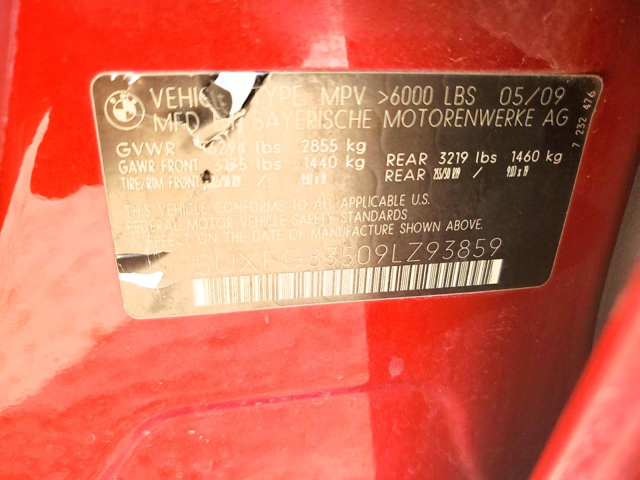 2009 Bmw X6 Red vin: 5UXFG83509LZ93859