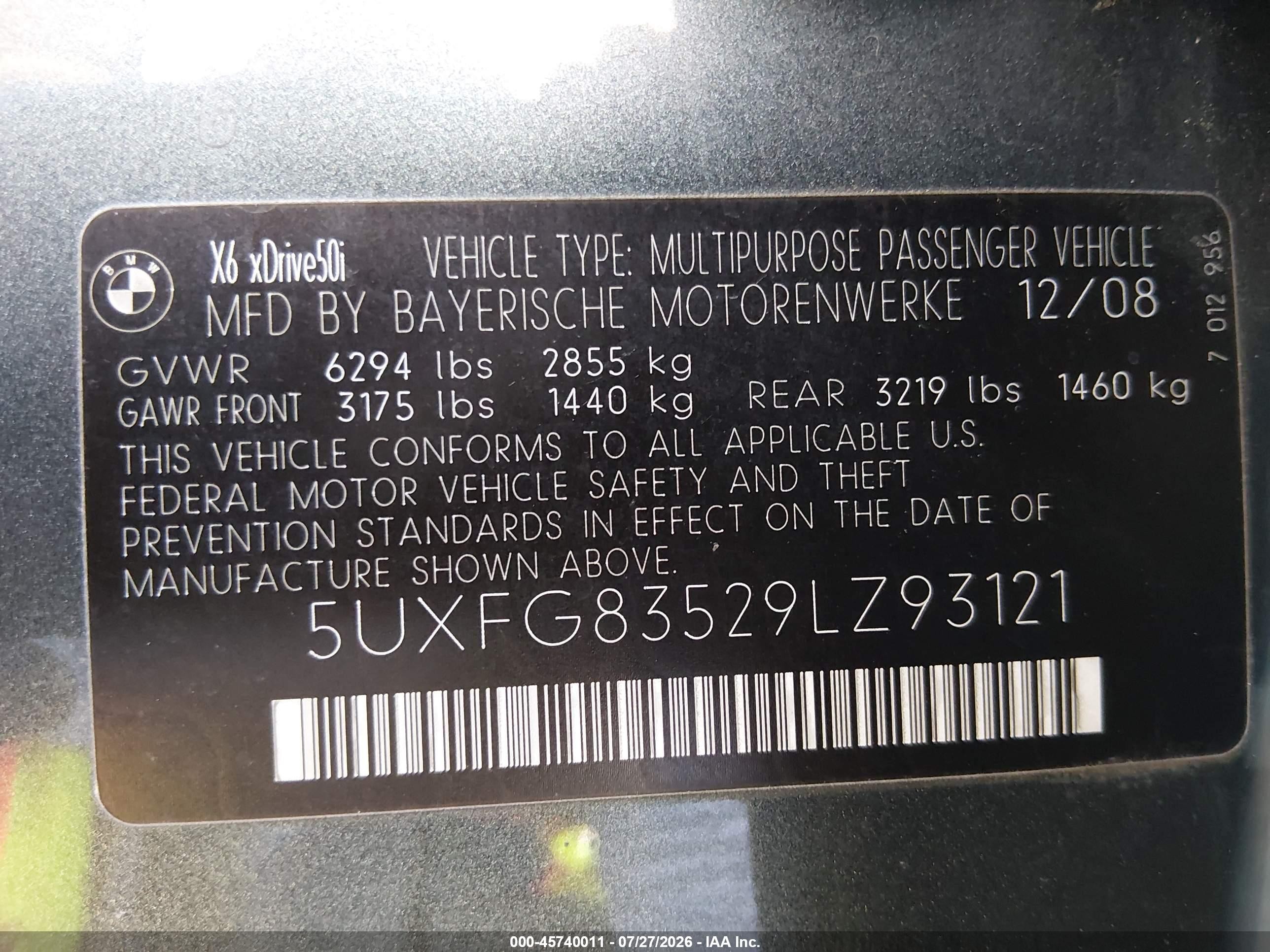 2009 Bmw X6 Xdrive50i Gray vin: 5UXFG83529LZ93121