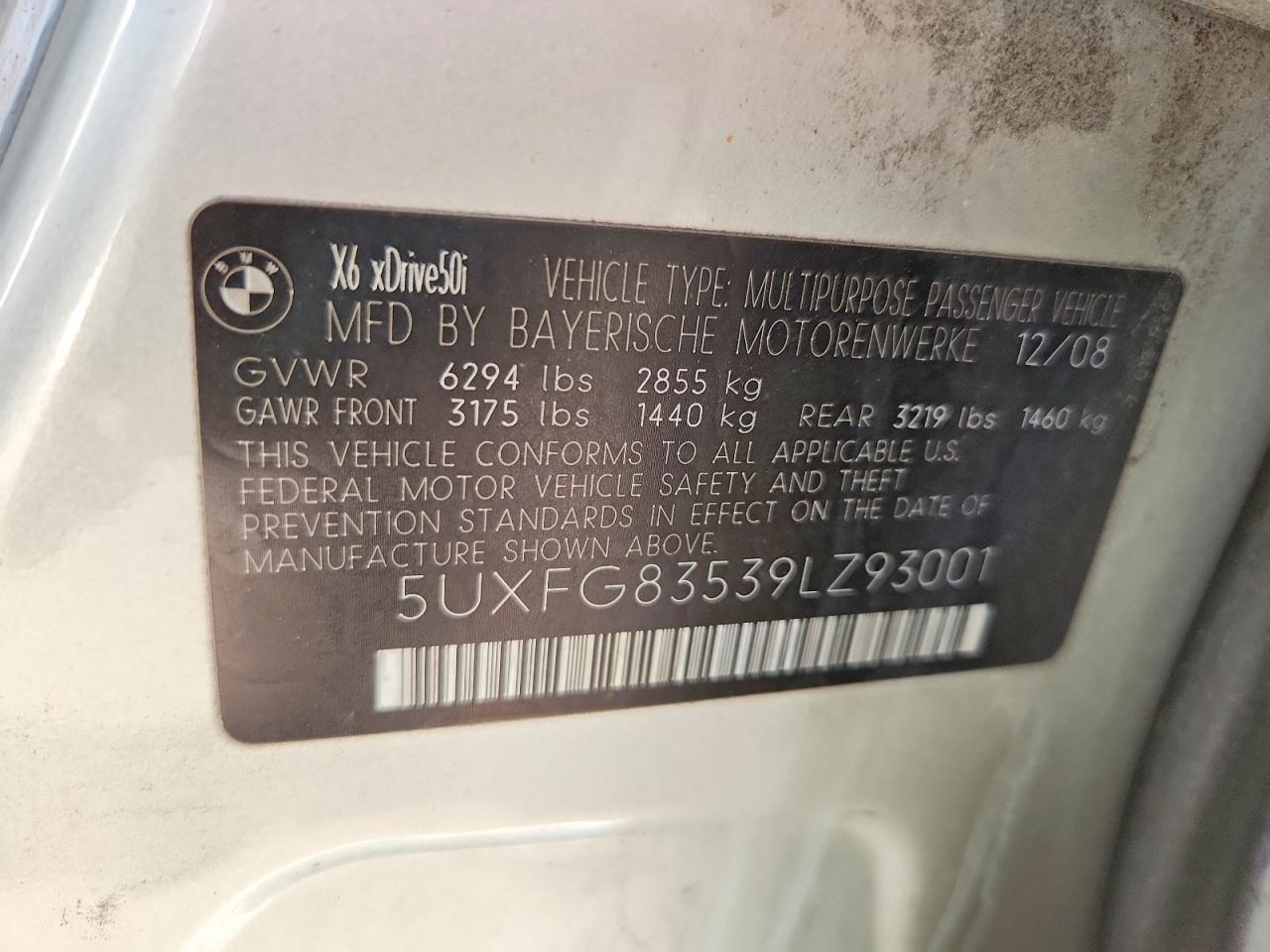 2009 Bmw X6 Silver vin: 5UXFG83539LZ93001