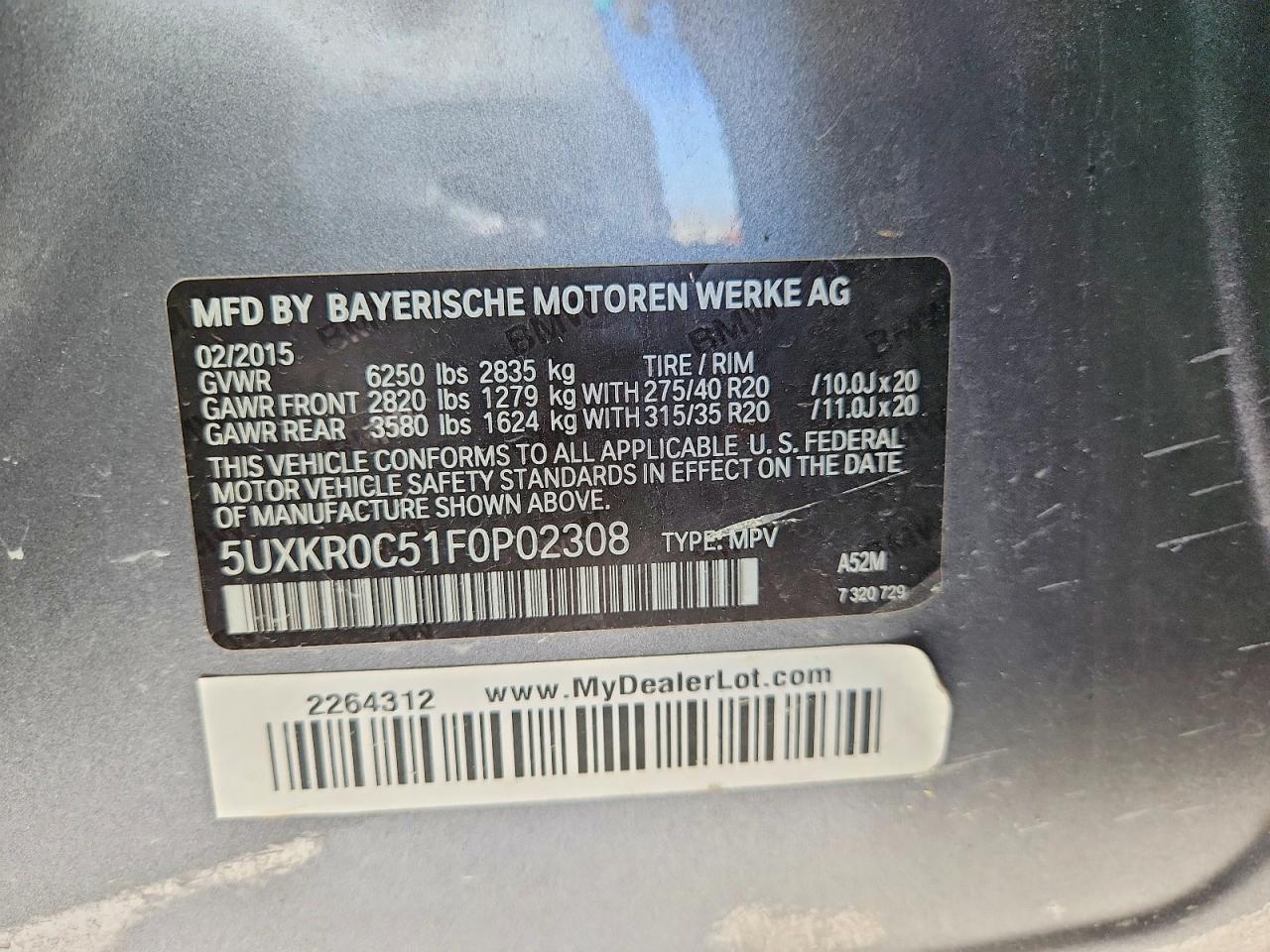 2015 Bmw X5 Xdrive35i Серый vin: 5UXKR0C51F0P02308
