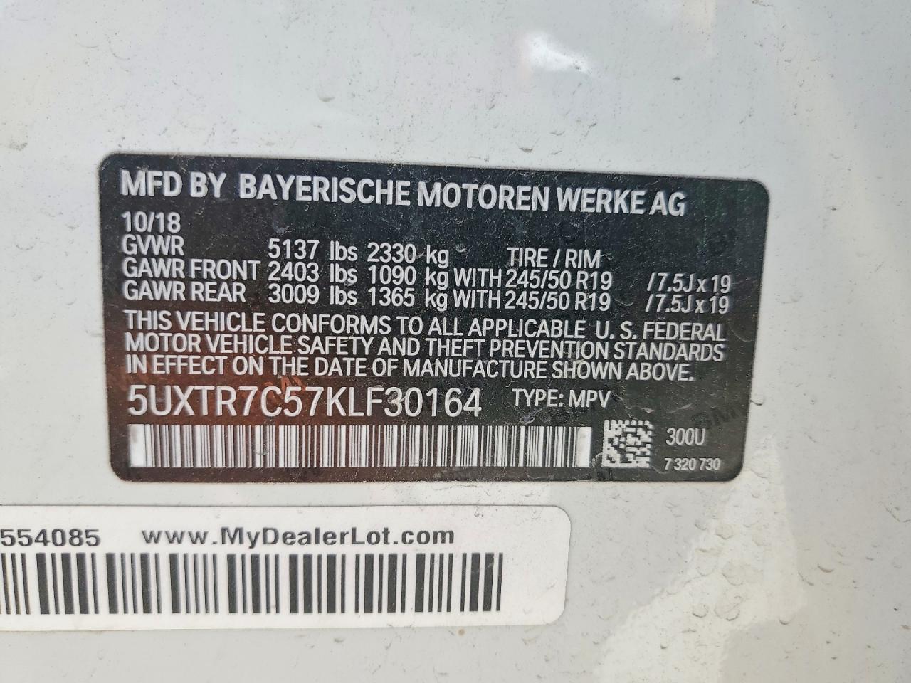 2019 Bmw X3 Sdrive30i Белый vin: 5UXTR7C57KLF30164