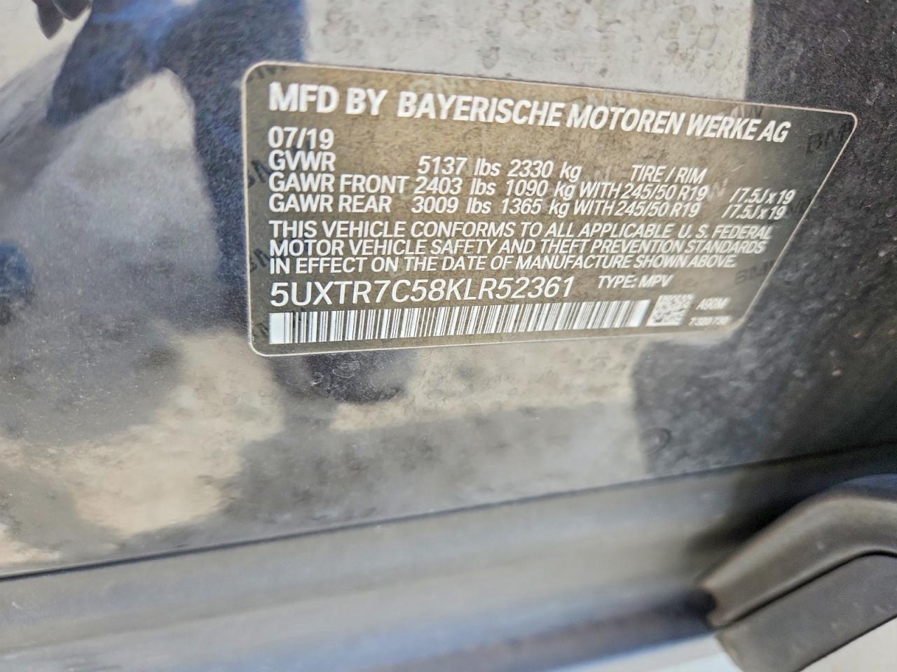 2019 Bmw X3 Sdrive30i Серый vin: 5UXTR7C58KLR52361
