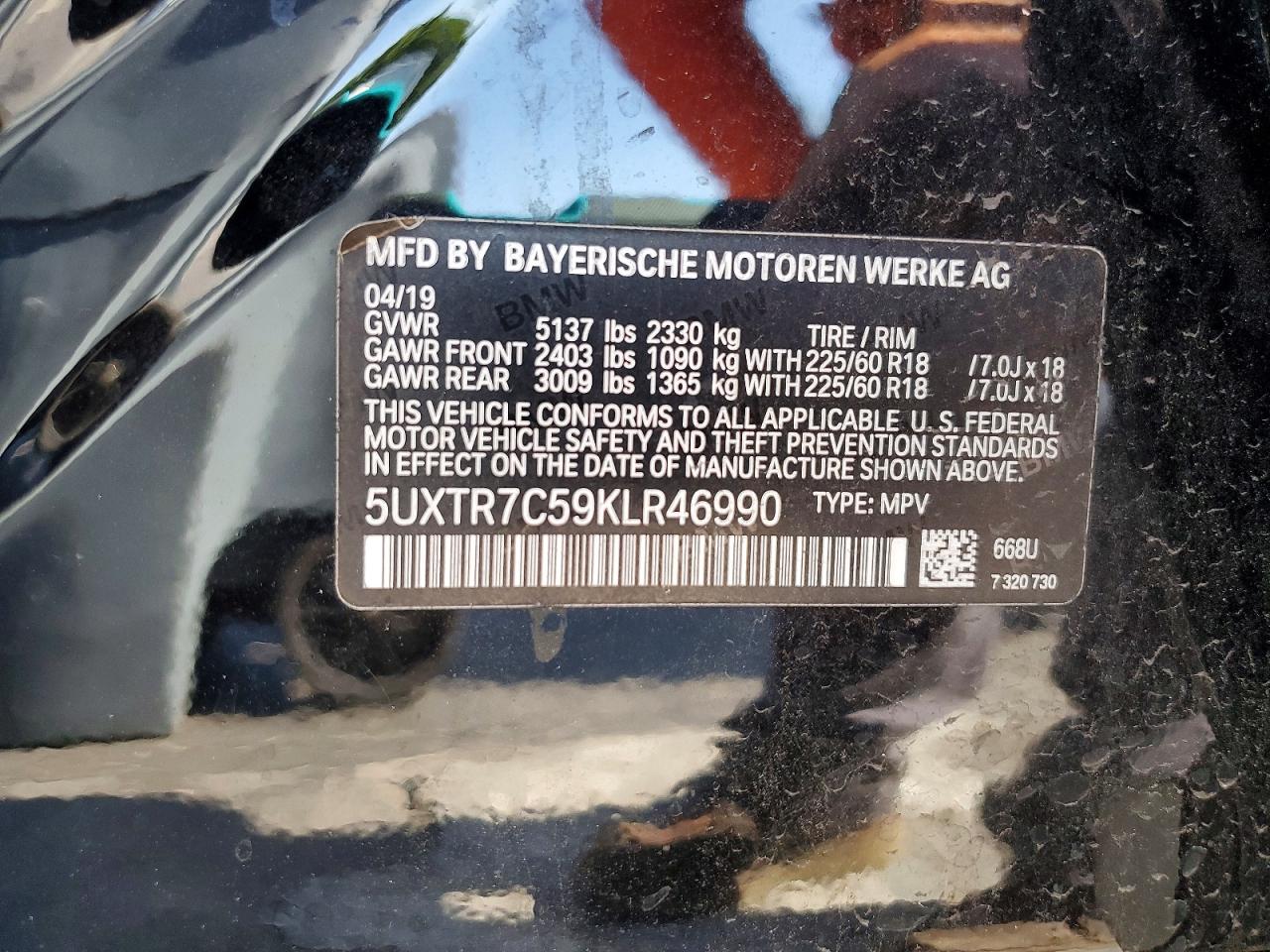 2019 Bmw X3 Sdrive30i Черный vin: 5UXTR7C59KLR46990