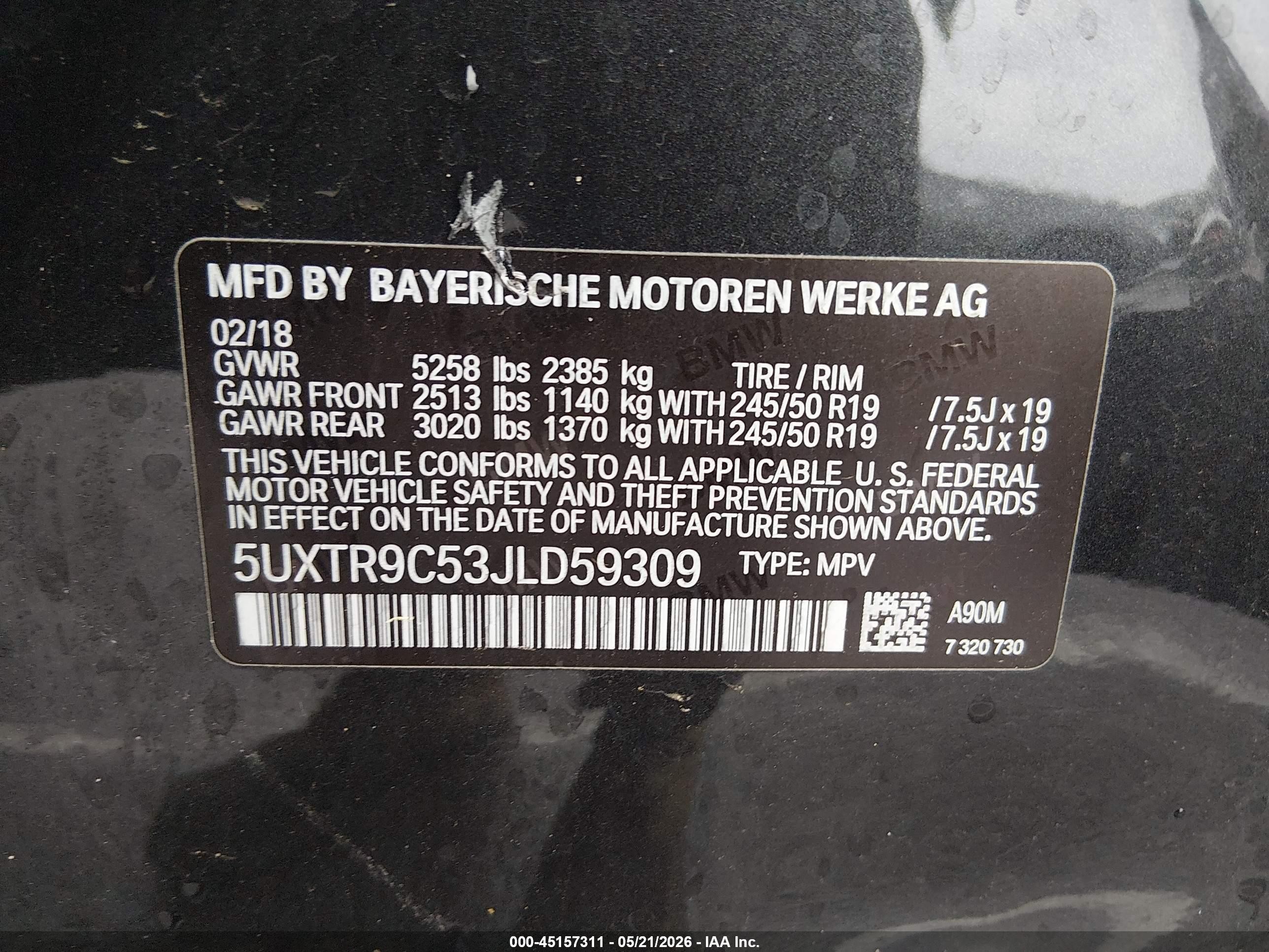 2018 Bmw X3 Xdrive30i Black vin: 5UXTR9C53JLD59309