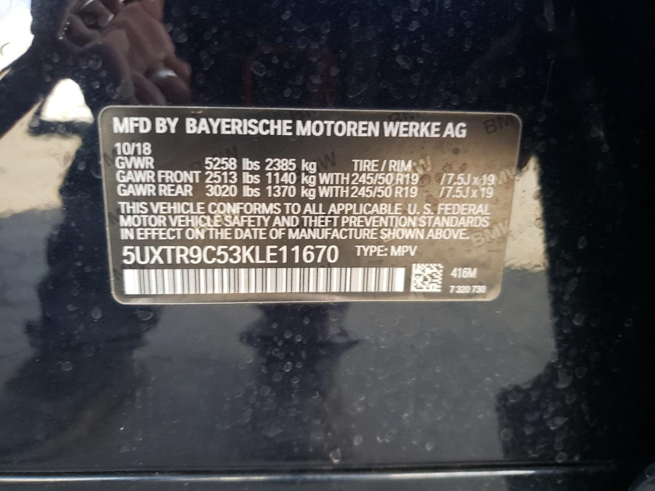 2019 Bmw X3 Xdrive30i Black vin: 5UXTR9C53KLE11670