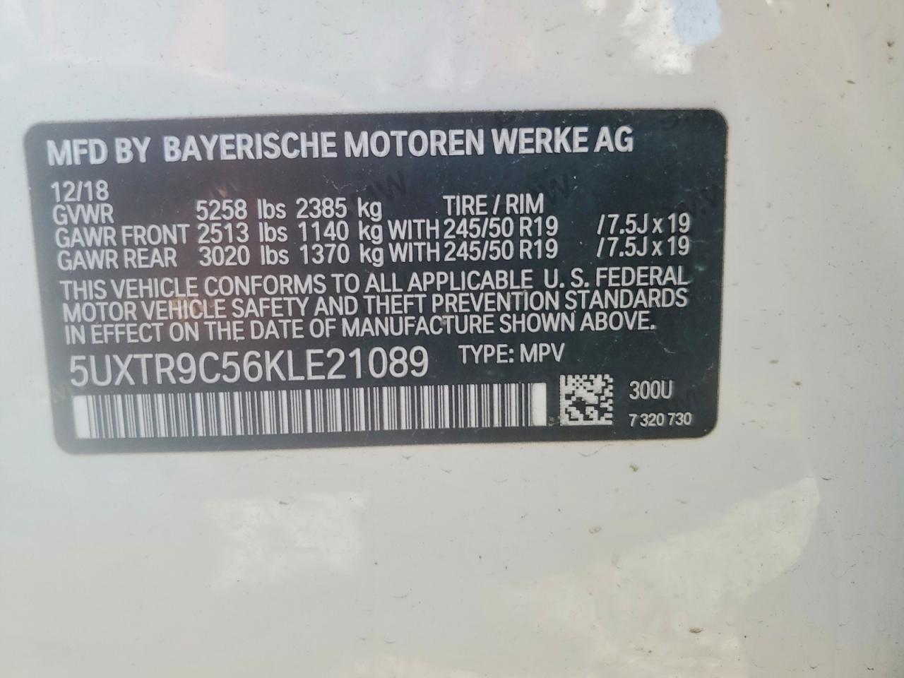 2019 Bmw X3 Xdrive30i White vin: 5UXTR9C56KLE21089
