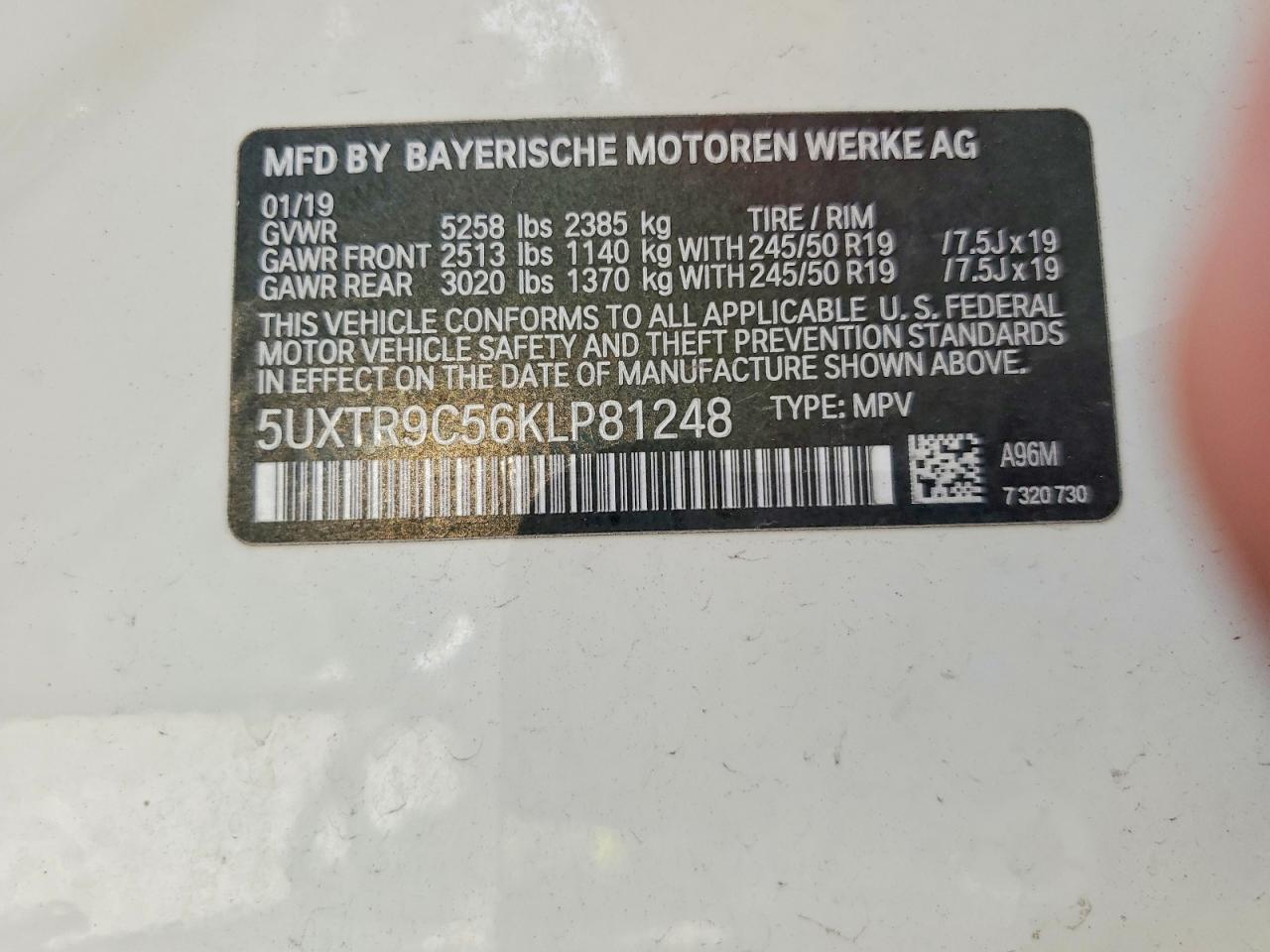 2019 Bmw X3 Xdrive30i White vin: 5UXTR9C56KLP81248