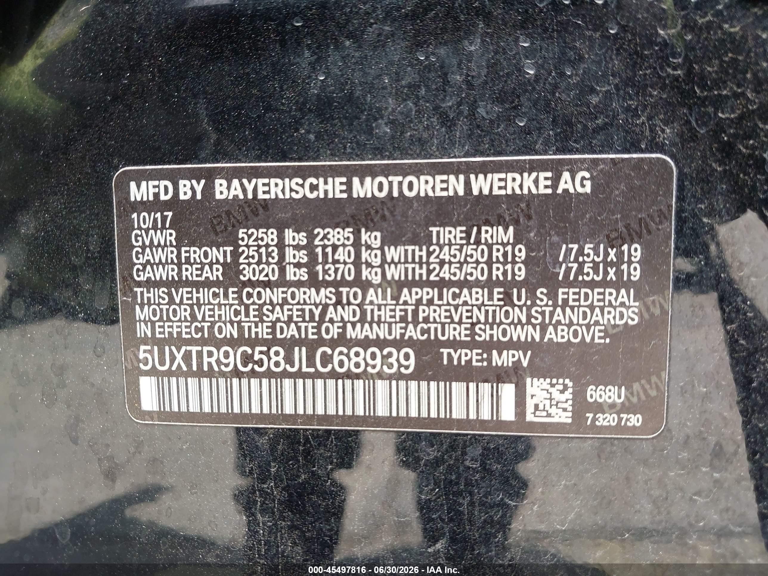 2018 Bmw X3 Xdrive30i Черный vin: 5UXTR9C58JLC68939