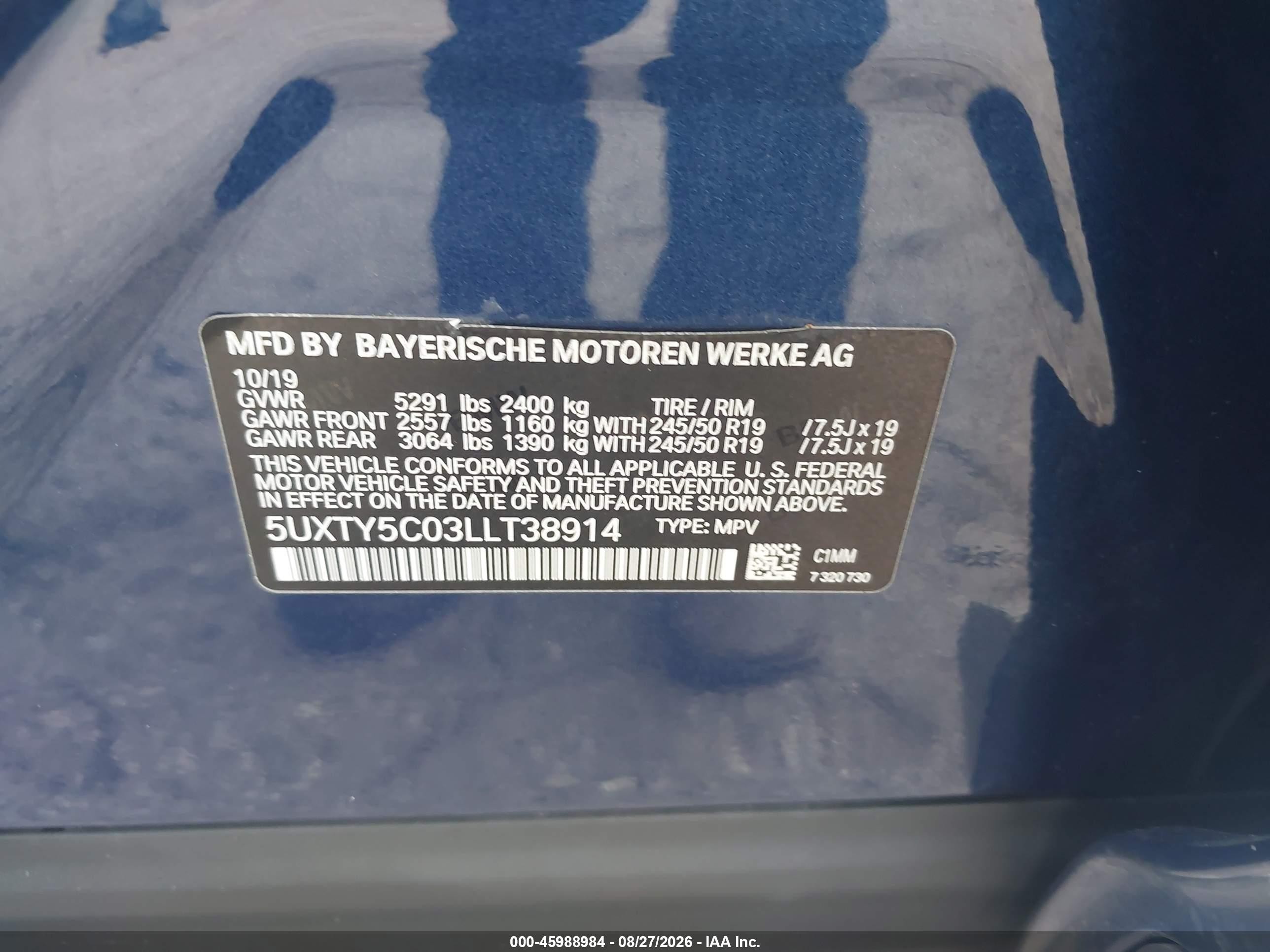 2020 Bmw X3 Xdrive30i Blue vin: 5UXTY5C03LLT38914