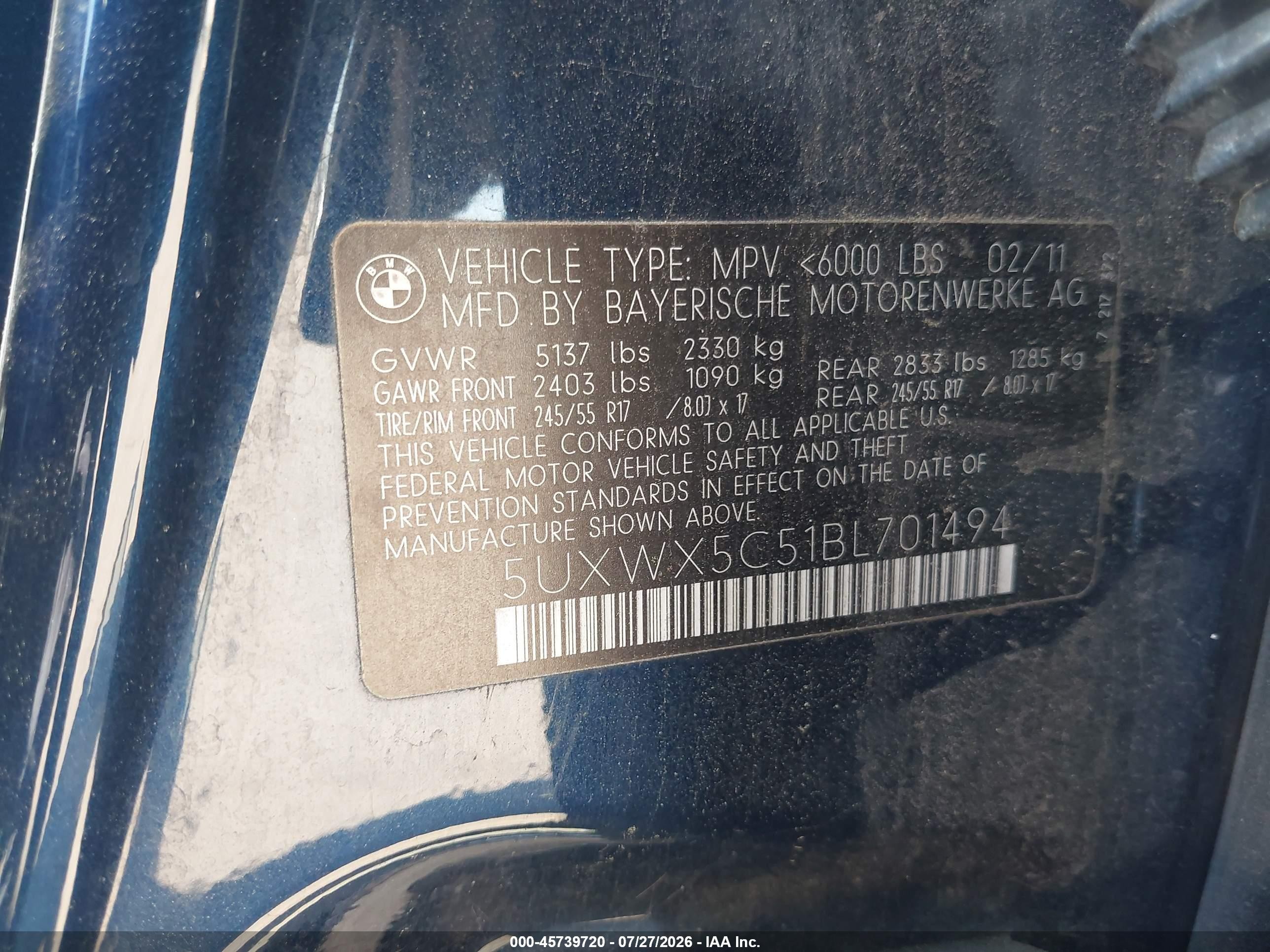 2011 Bmw X3 Xdrive28i Blue vin: 5UXWX5C51BL701494