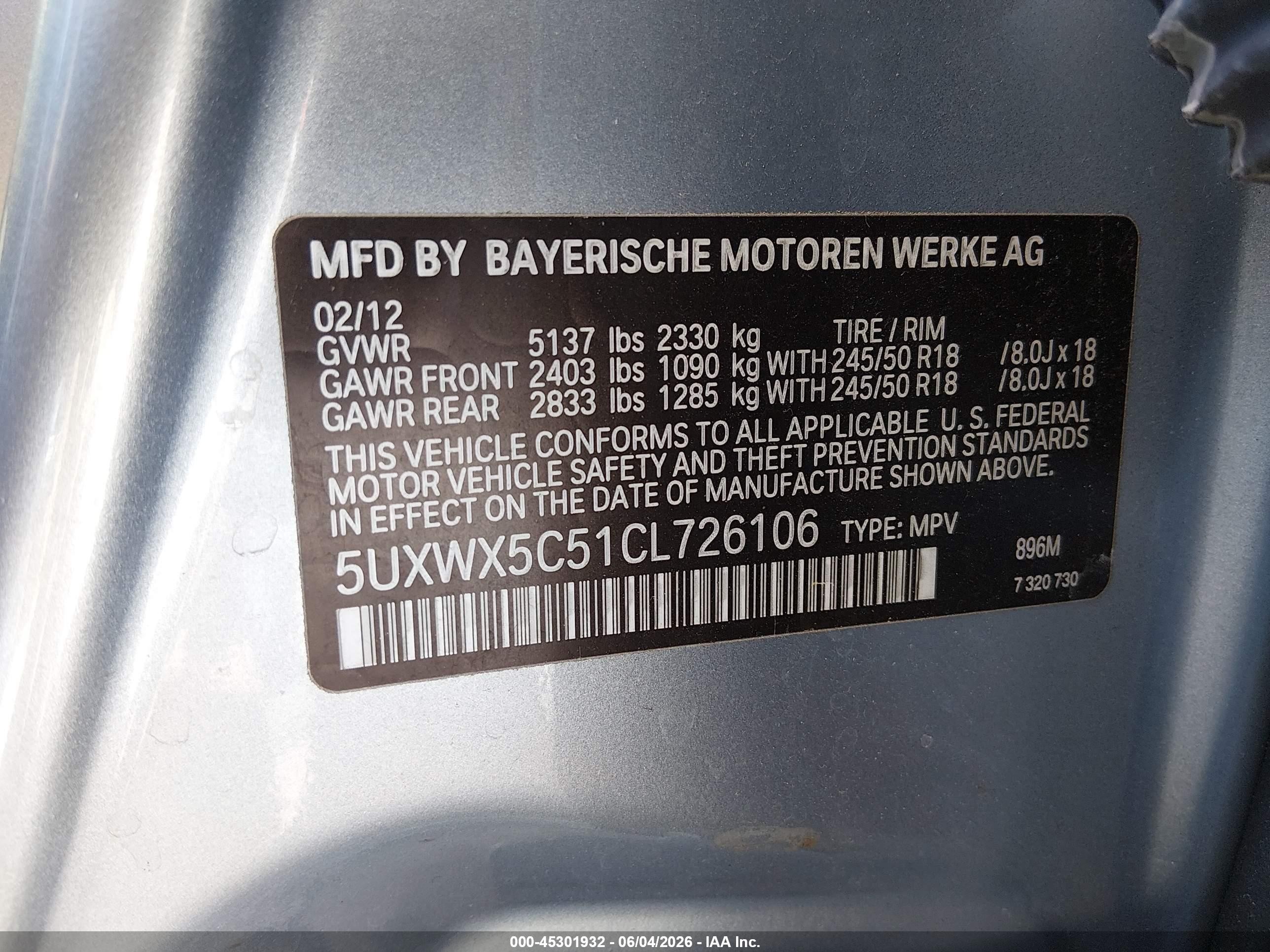 2012 Bmw X3 Xdrive28i Light Blue vin: 5UXWX5C51CL726106