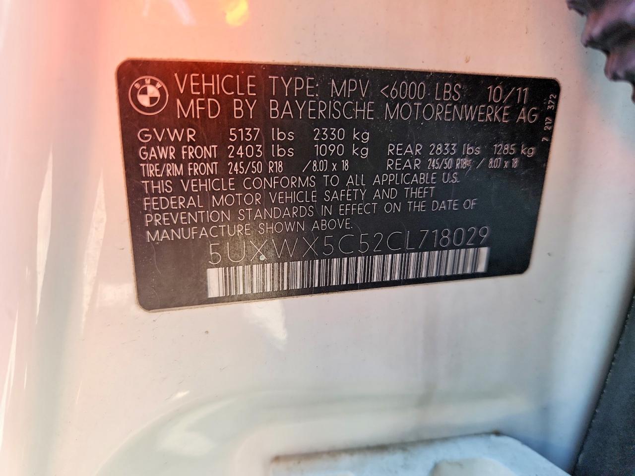 2012 Bmw X3 Xdrive28i Белый vin: 5UXWX5C52CL718029