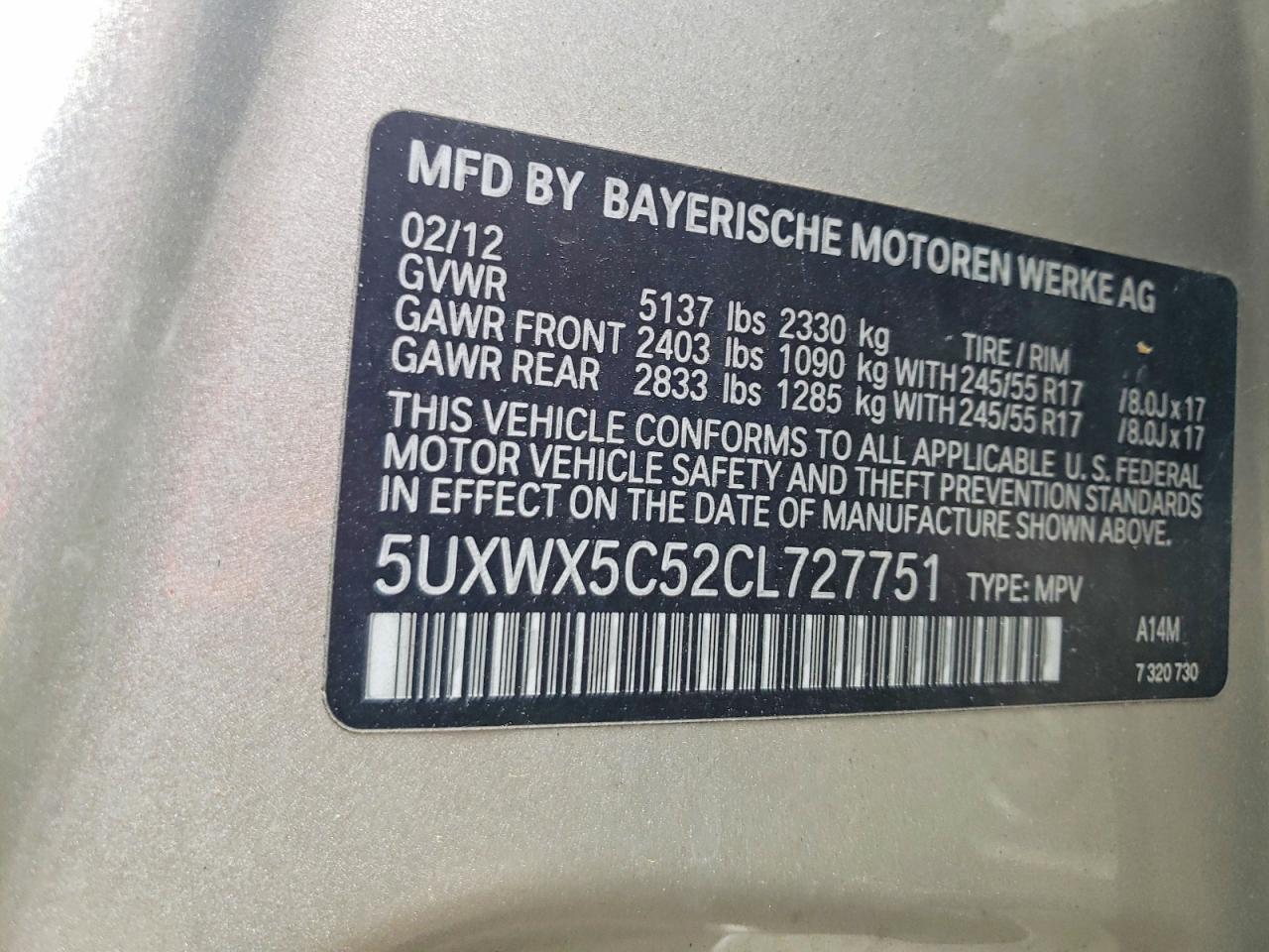 2012 Bmw X3 Xdrive28i Tan vin: 5UXWX5C52CL727751