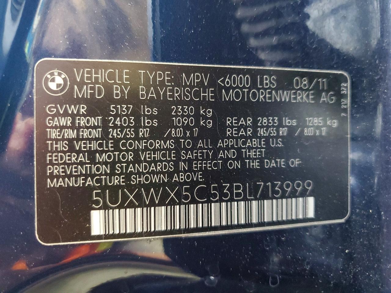 2011 Bmw X3 Xdrive28i Blue vin: 5UXWX5C53BL713999