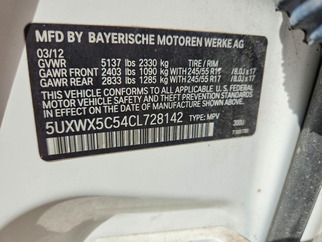 2012 Bmw X3 Xdrive28i Белый vin: 5UXWX5C54CL728142