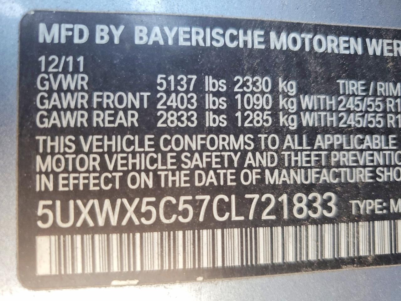 2012 Bmw X3 Xdrive28i Blue vin: 5UXWX5C57CL721833
