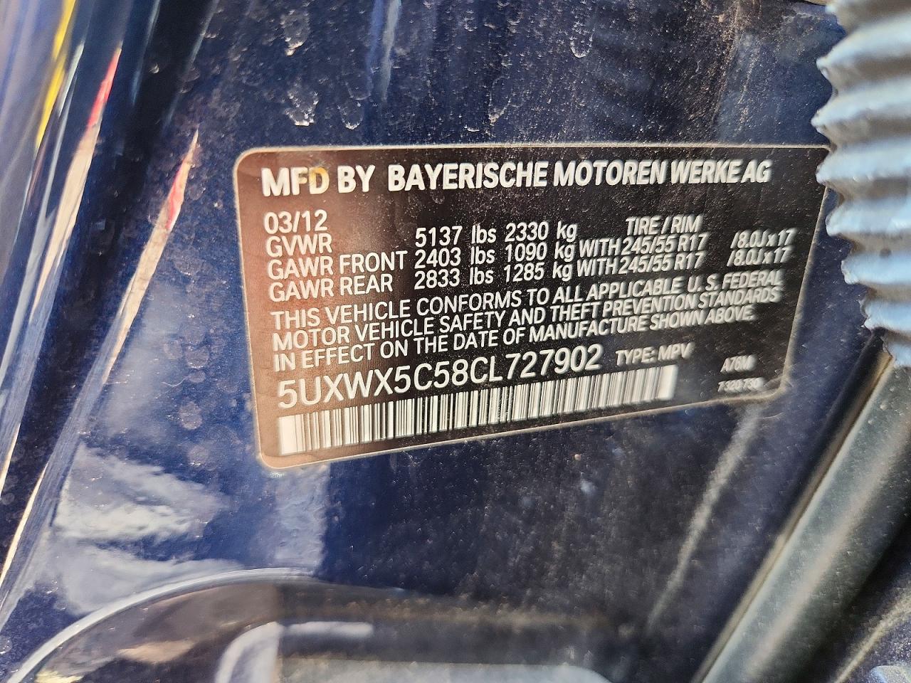 2012 Bmw Motorrad X3 Blue vin: 5UXWX5C58CL727902