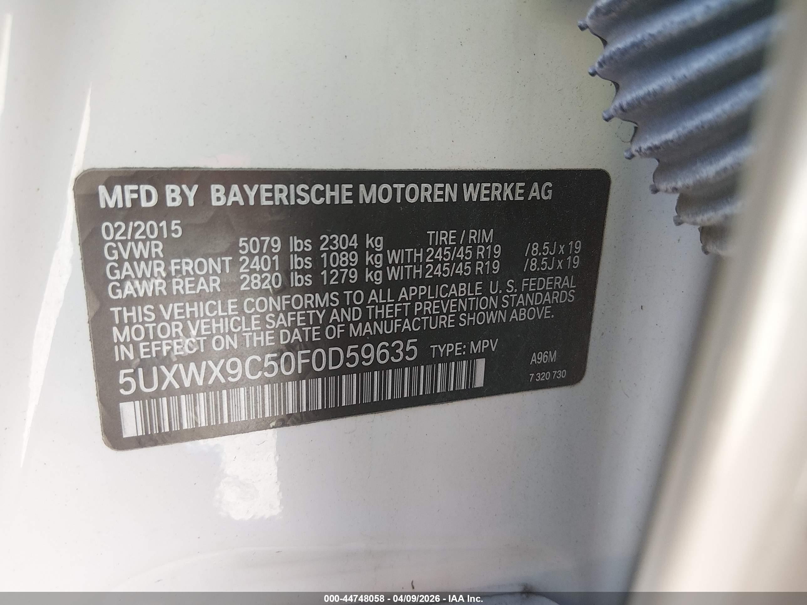2015 Bmw X3 Xdrive28i Белый vin: 5UXWX9C50F0D59635