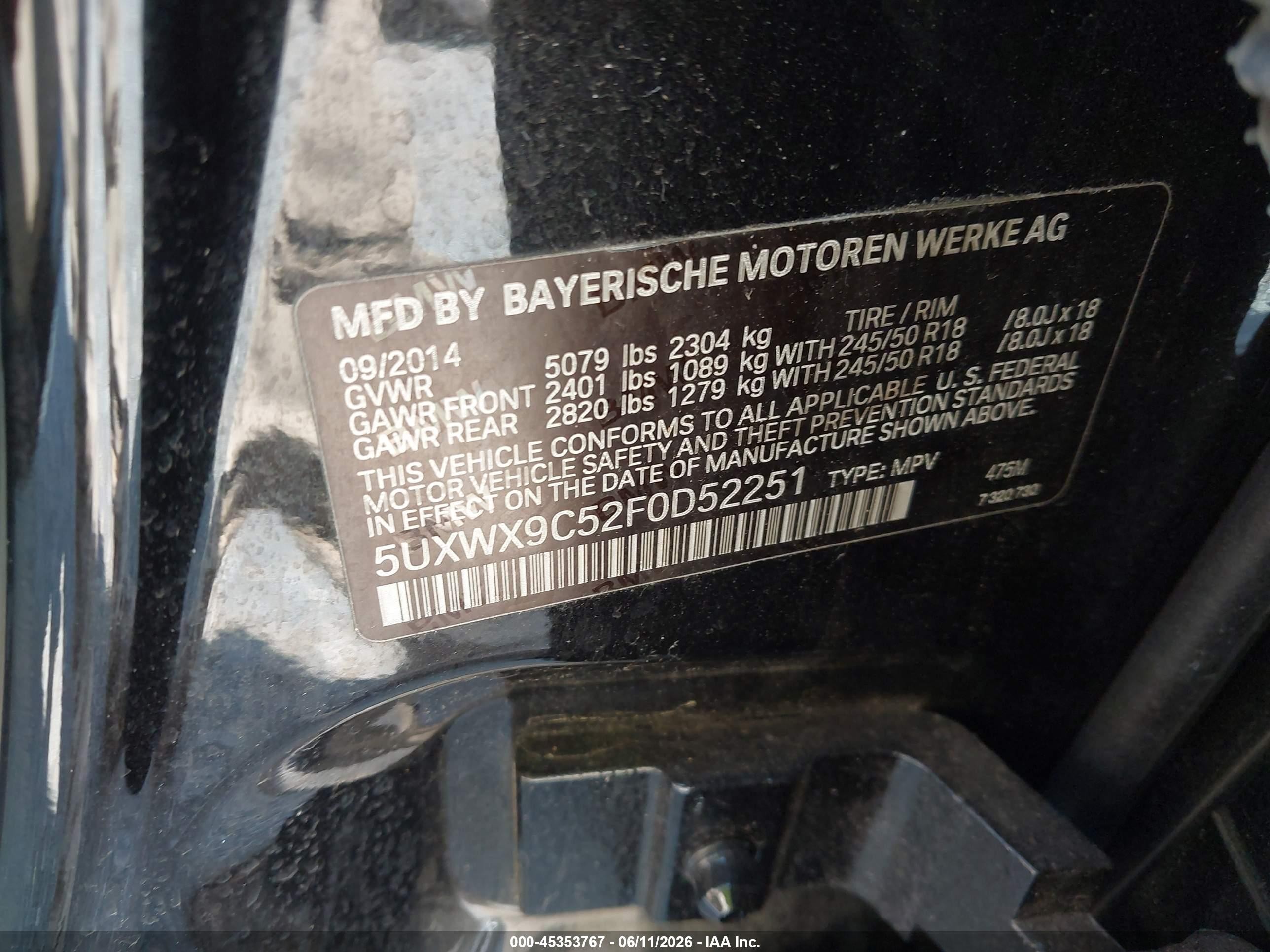 2015 Bmw X3 Xdrive28i Черный vin: 5UXWX9C52F0D52251