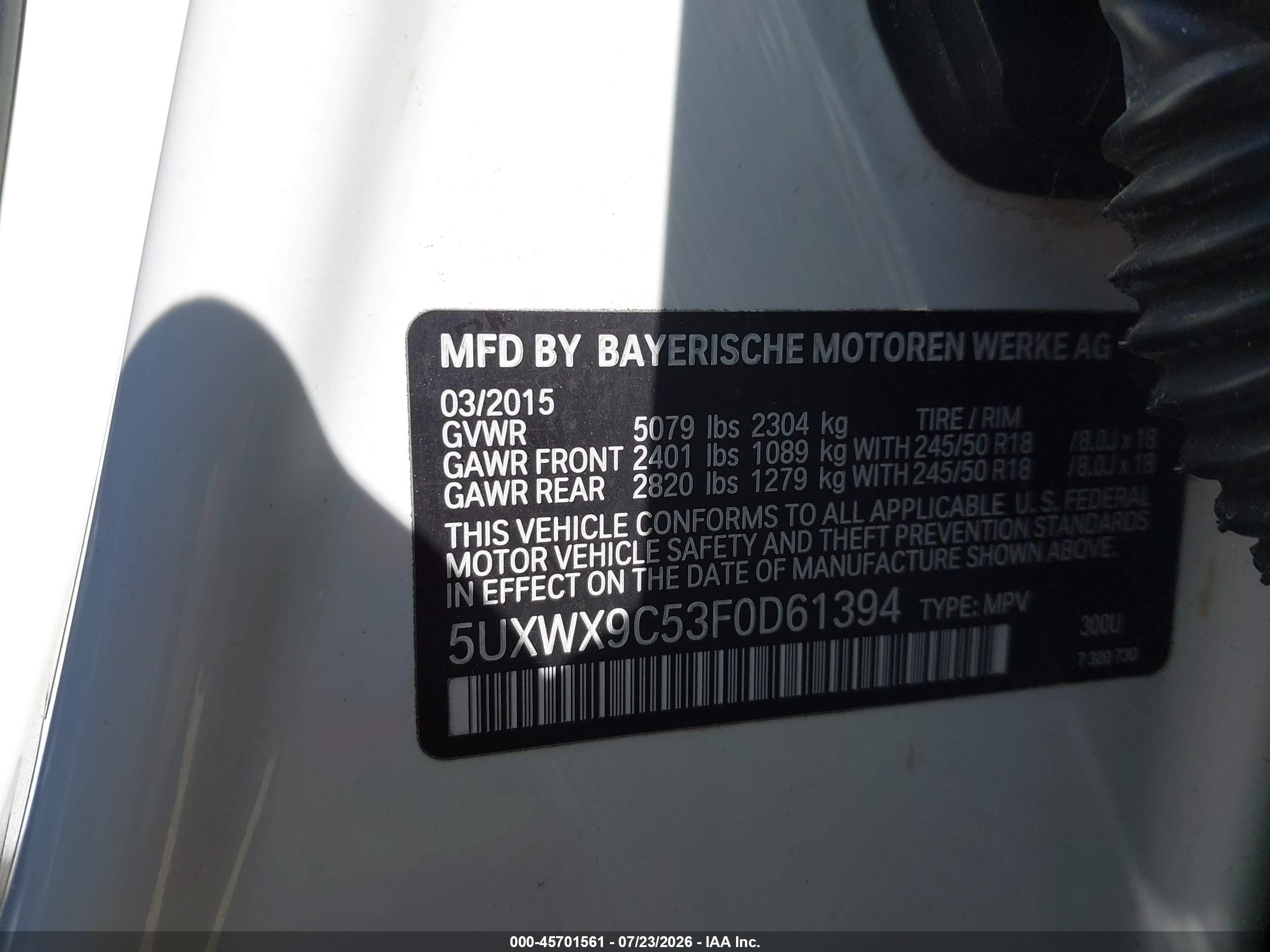 2015 Bmw X3 Xdrive28i White vin: 5UXWX9C53F0D61394