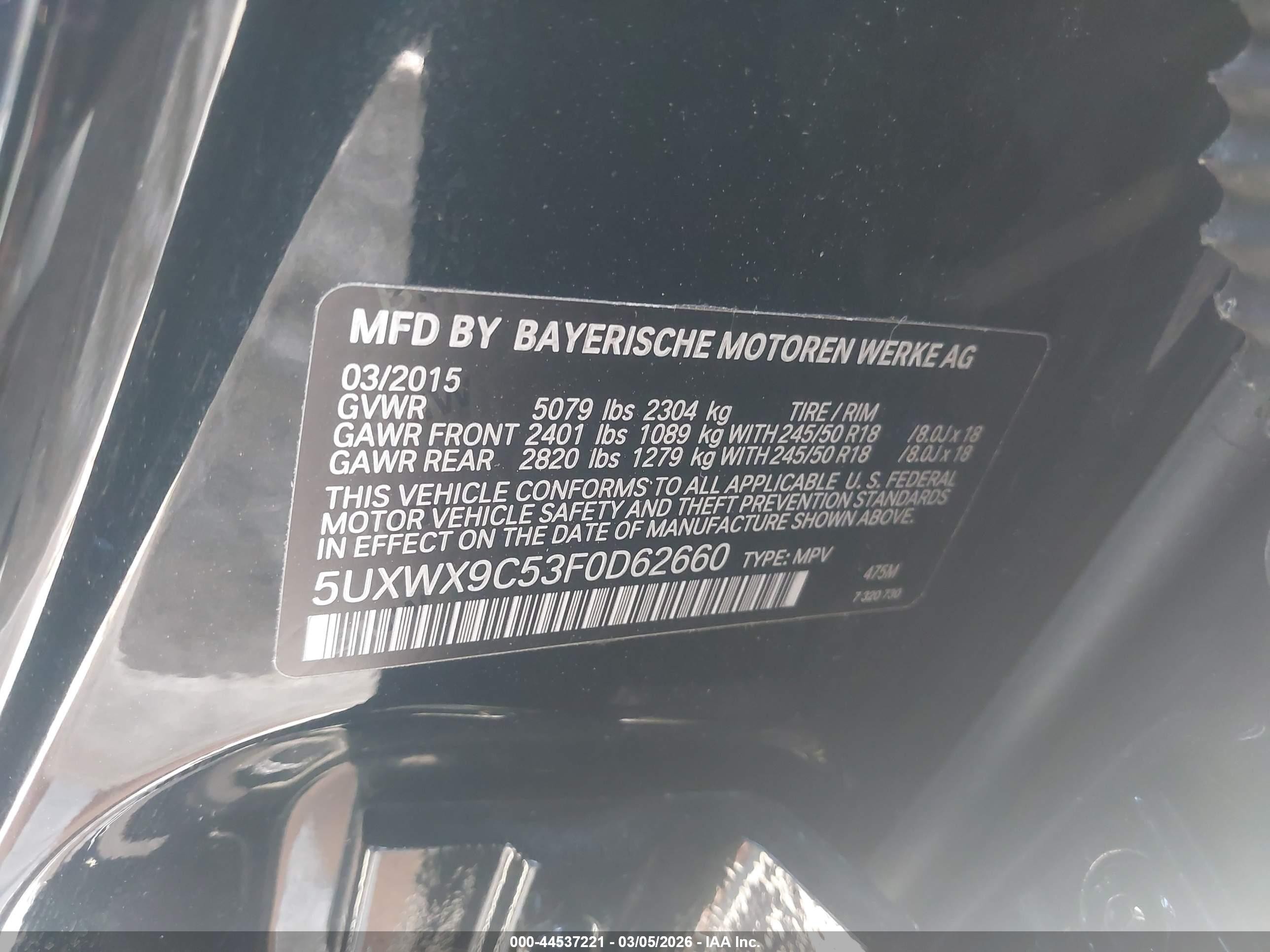 2015 Bmw X3 Xdrive28i Black vin: 5UXWX9C53F0D62660
